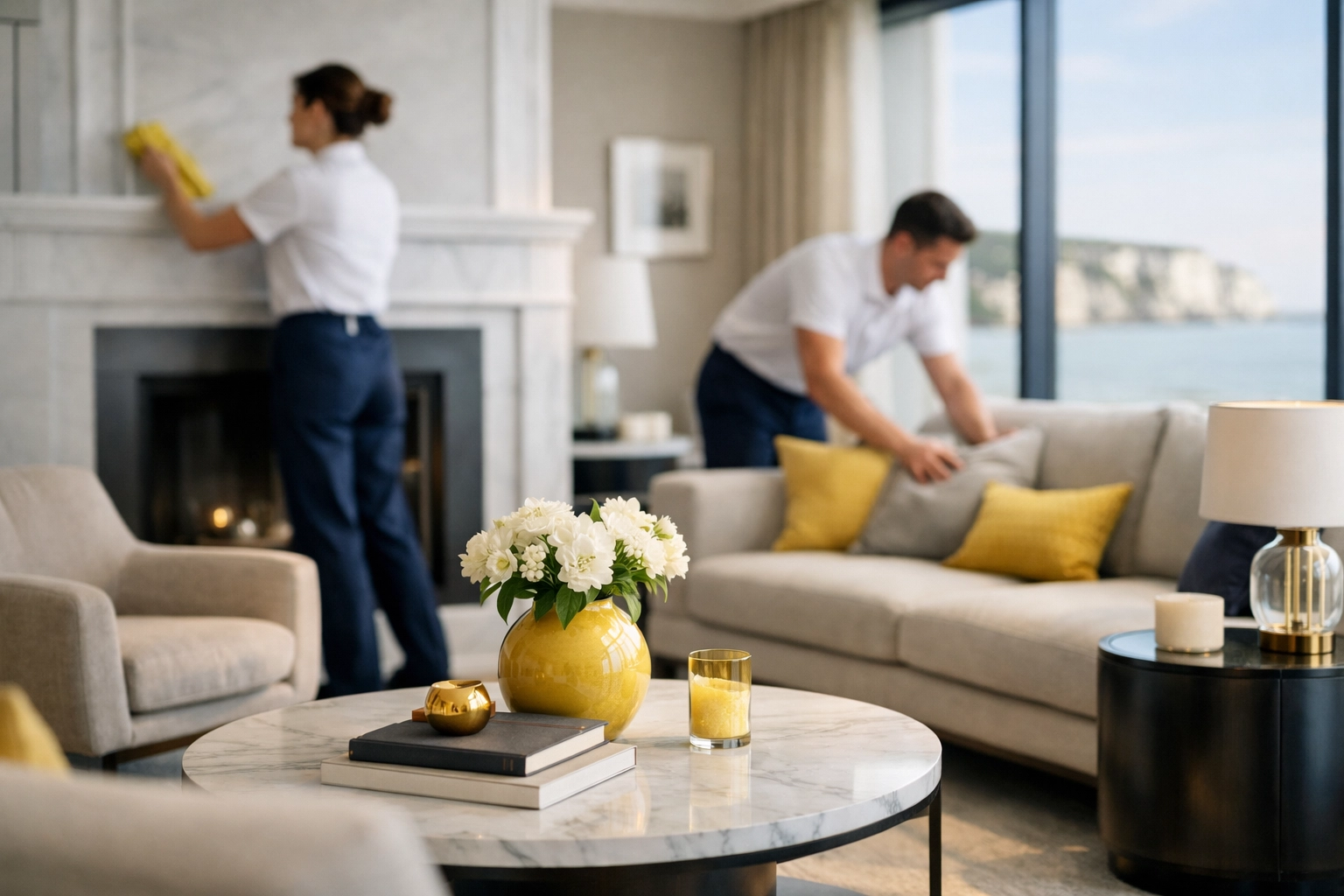 Professional team performing residential cleaning Massachusetts in a luxury Dover living room with large windows.