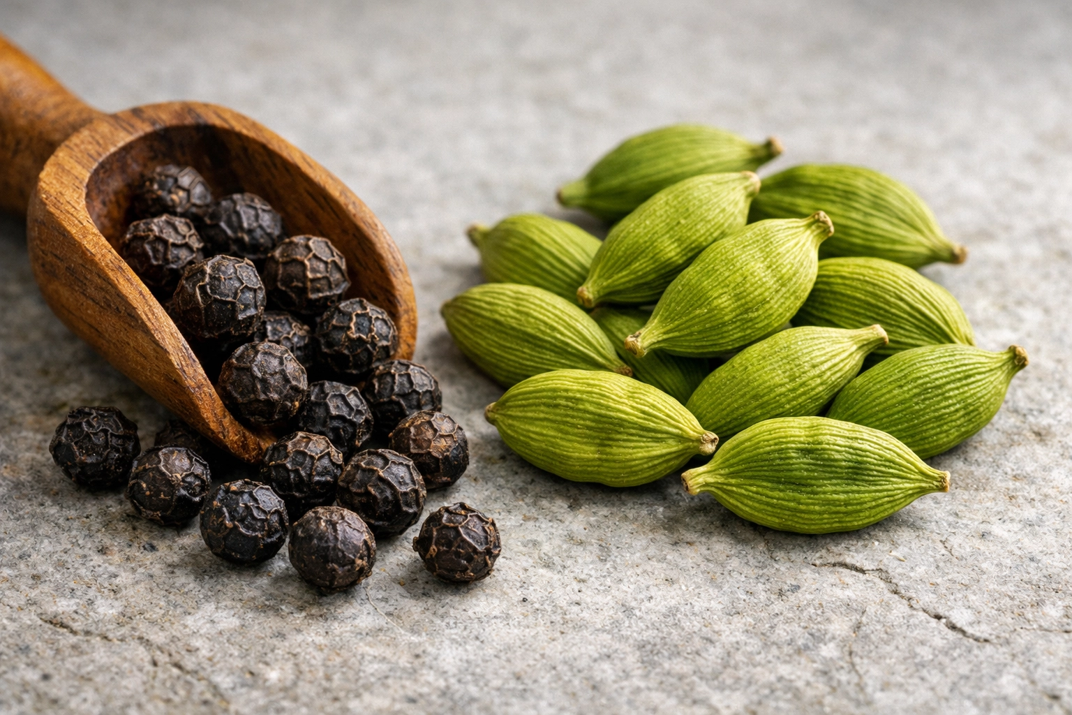 Premium Tellicherry black peppercorns and Alleppey green cardamom pods showcasing authentic Kerala spice quality.