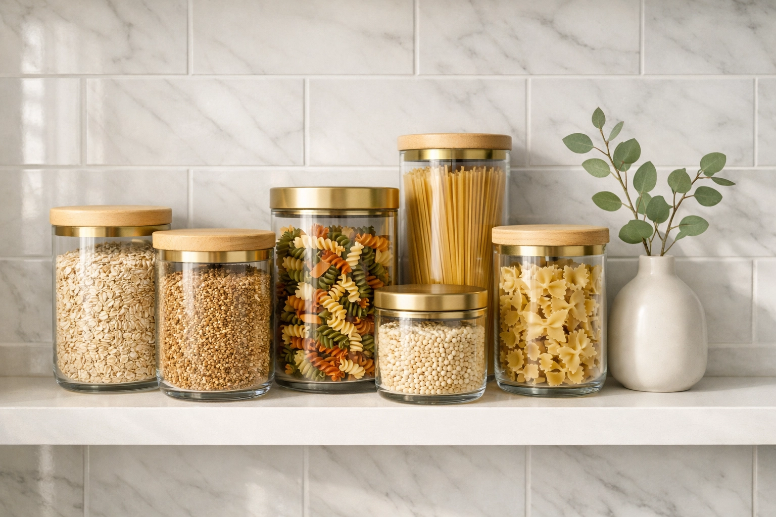 A neatly organized kitchen pantry with clear airtight storage containers and gold lids on a shelf.