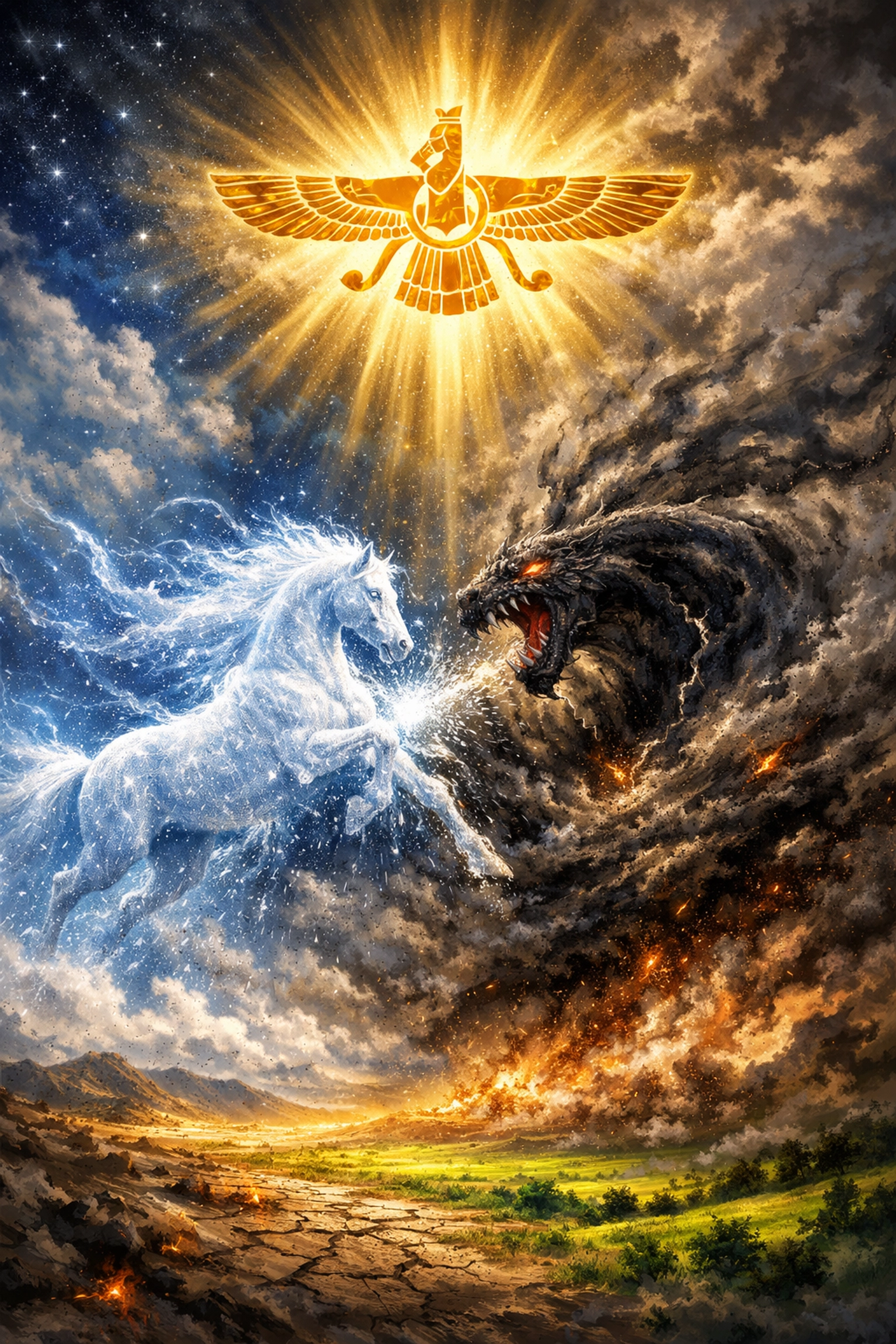 Illustration of the Zoroastrian rain god Tishtrya defeating the drought demon under a Faravahar symbol.