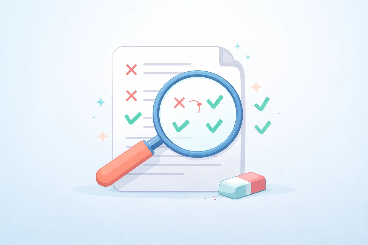 Lupa revisando documento con errores corregidos, ilustrando cómo limpiar el crédito eficazmente