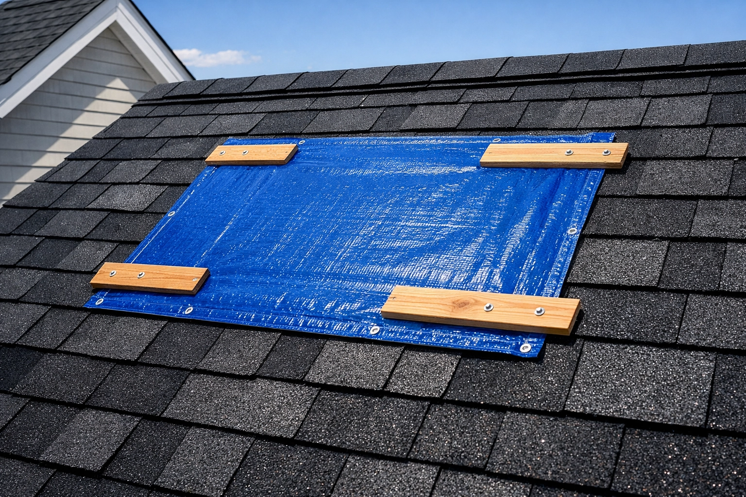 Emergency roof tarping by Salisbury roofers to protect a home from storm damage during an insurance claim.