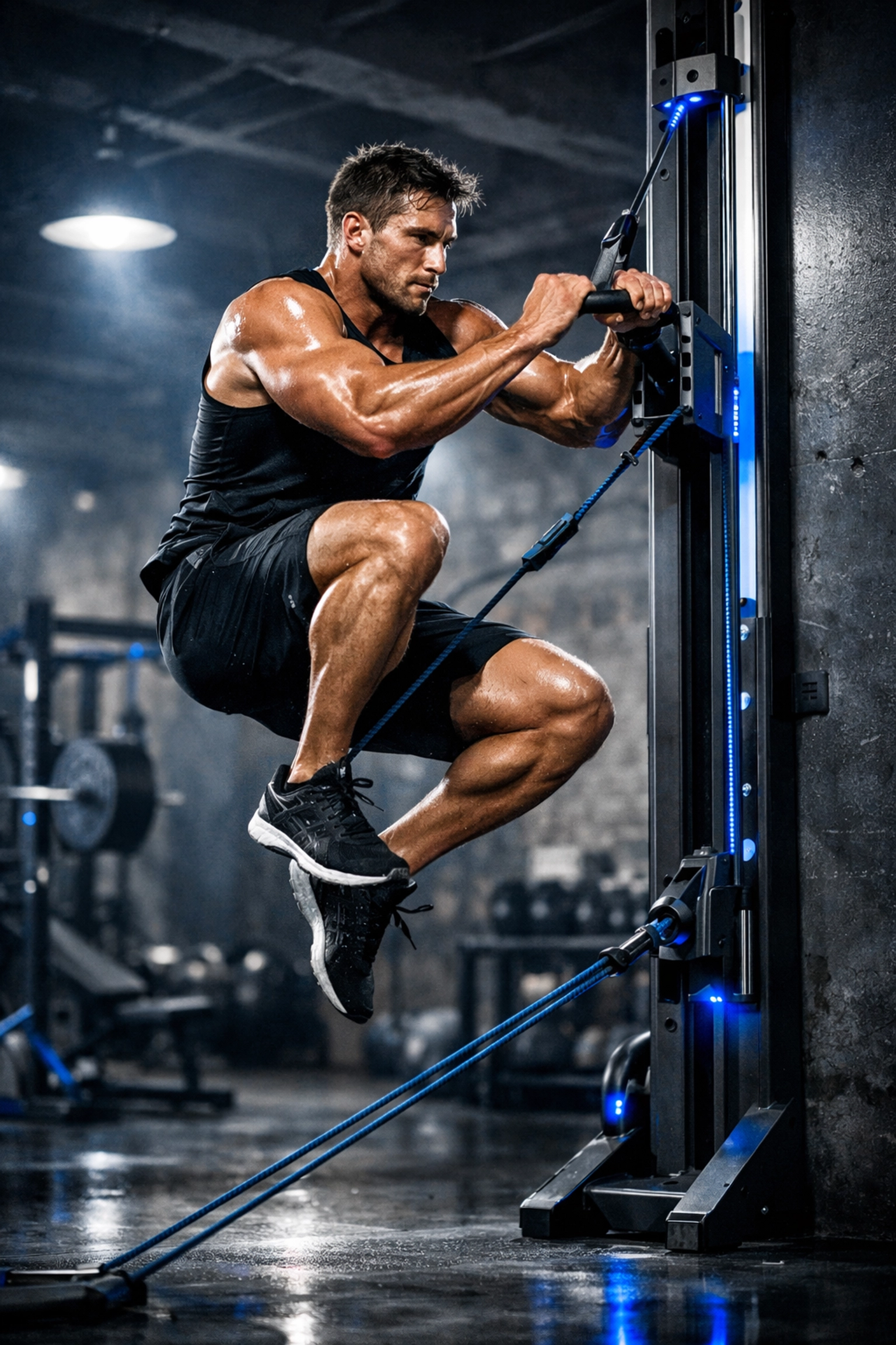 Professional athlete using a versatile home gym resistance rail for explosive muscle power.