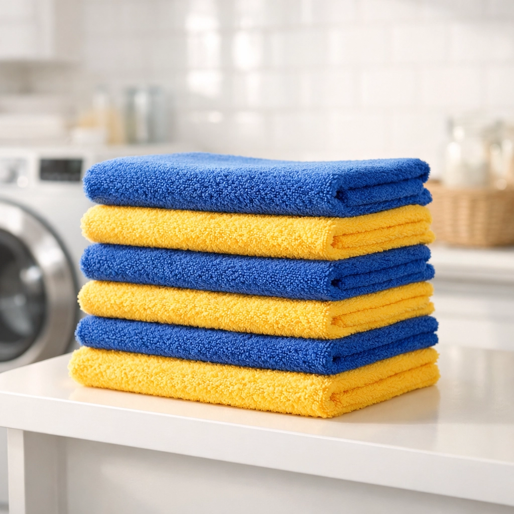 Stack of freshly laundered blue and yellow microfiber cloths on a shelf in a laundry room.