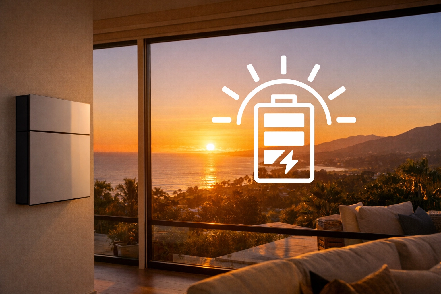Santa Barbara coastal home with battery storage system and ocean view at sunset