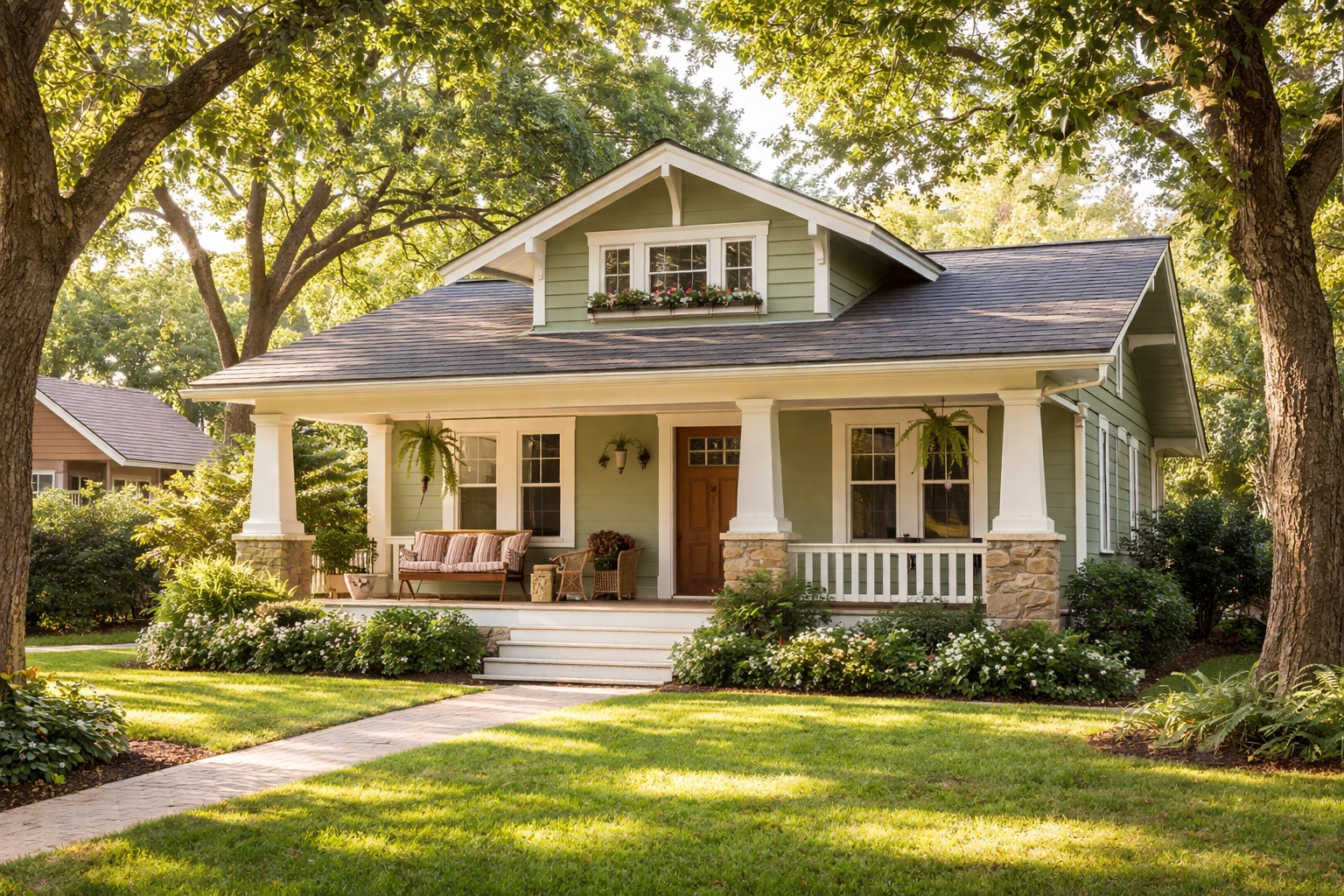Historic Craftsman bungalow with covered porch and oak trees in The Heights Houston neighborhood