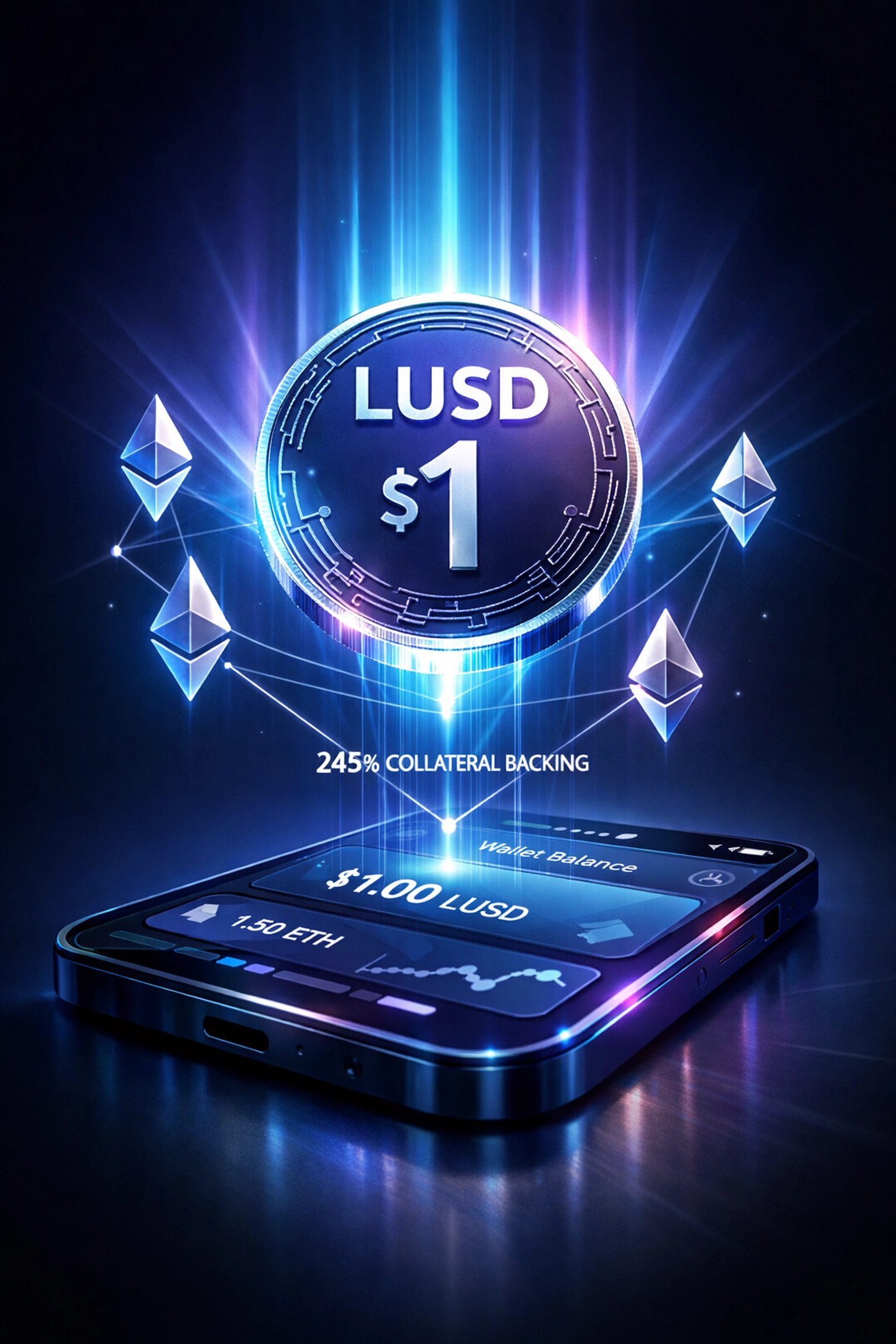 LUSD stablecoin token backed by Ethereum collateral maintaining $1 price stability