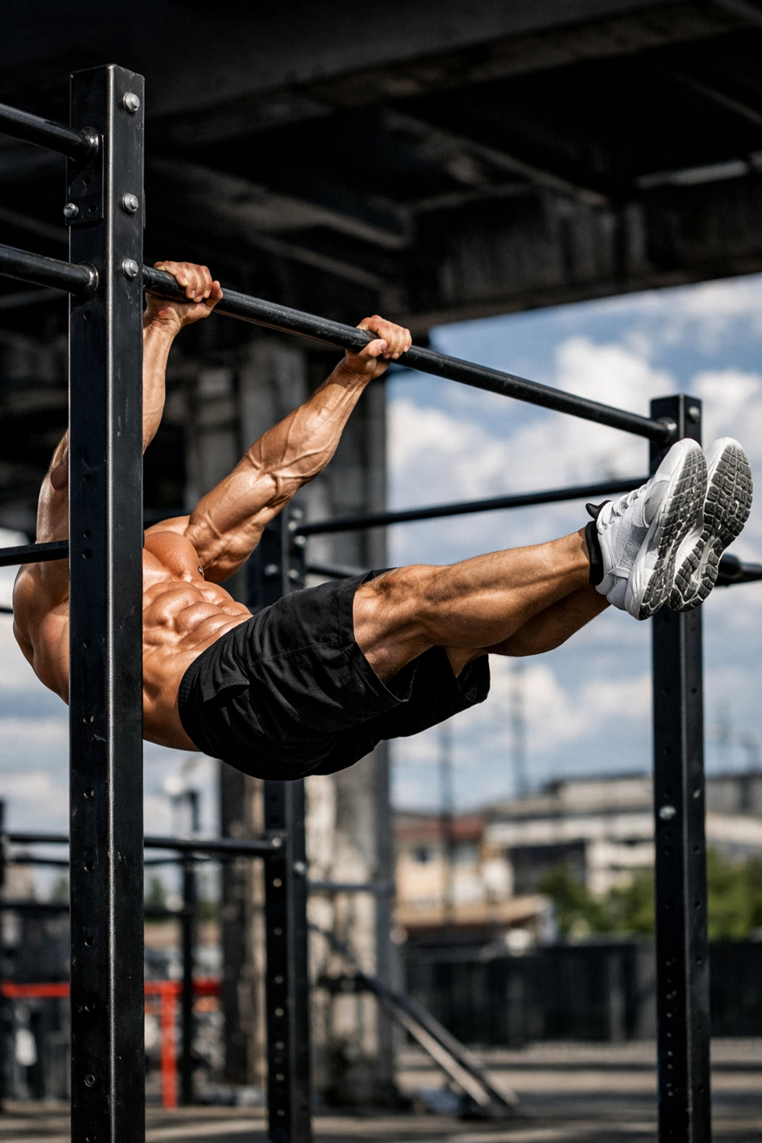 Athlete performing a front lever on a versatile pull up bar alternative using heavy resistance training gear.
