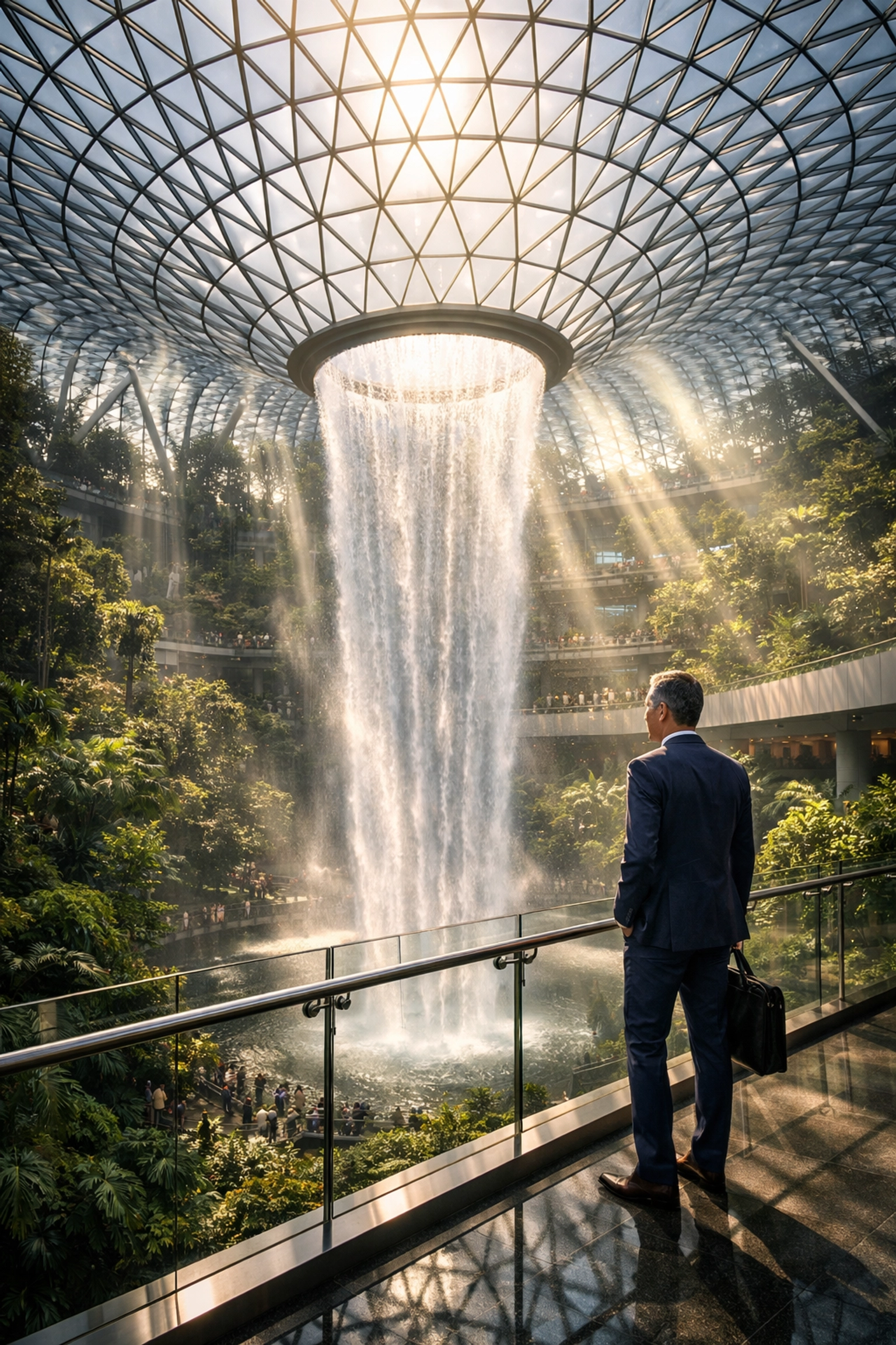 A business traveler at Jewel Changi Airport Rain Vortex resetting their circadian rhythm to Singapore time.