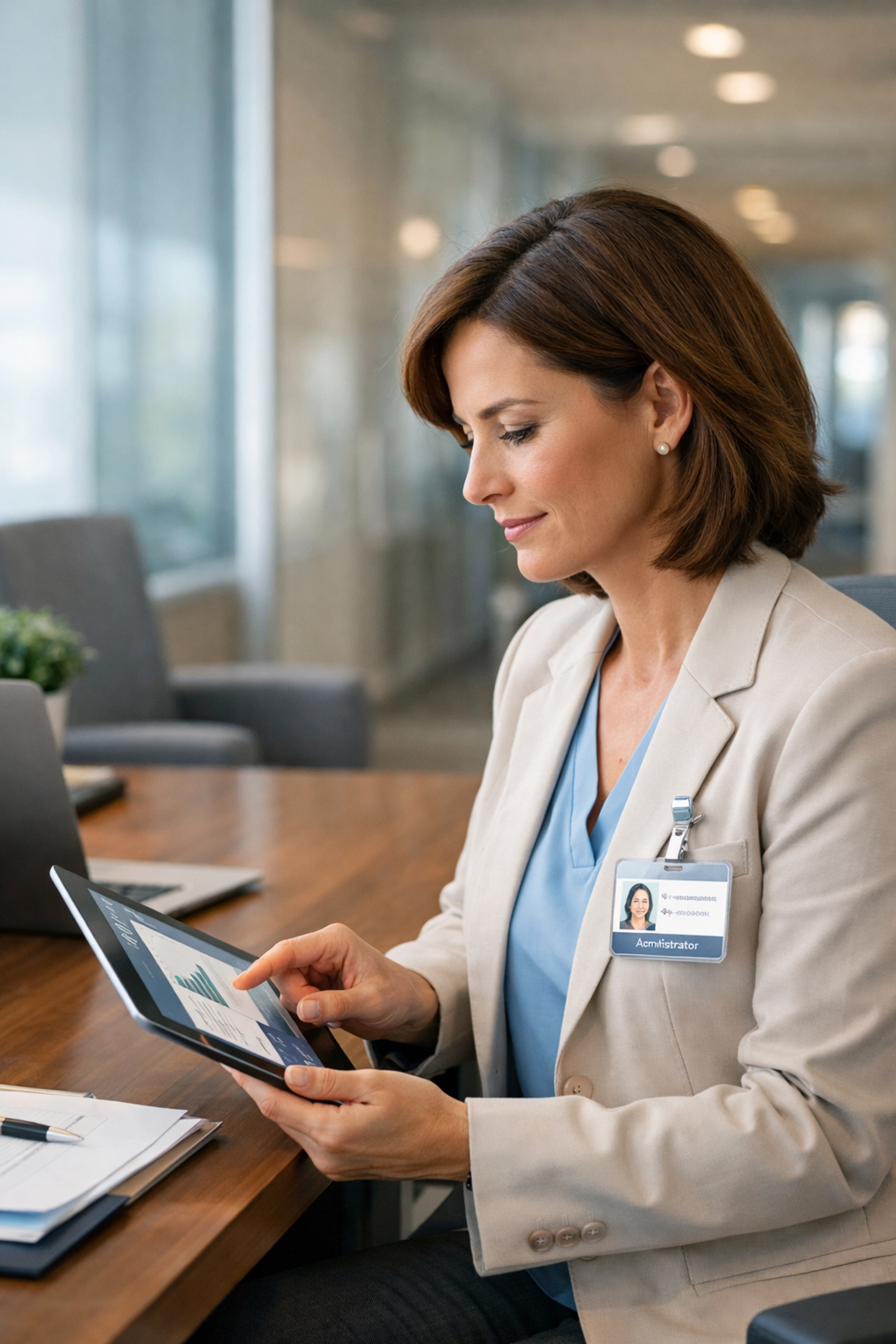 Healthcare administrator reviewing clinic billing reports on a digital tablet to optimize cash flow.