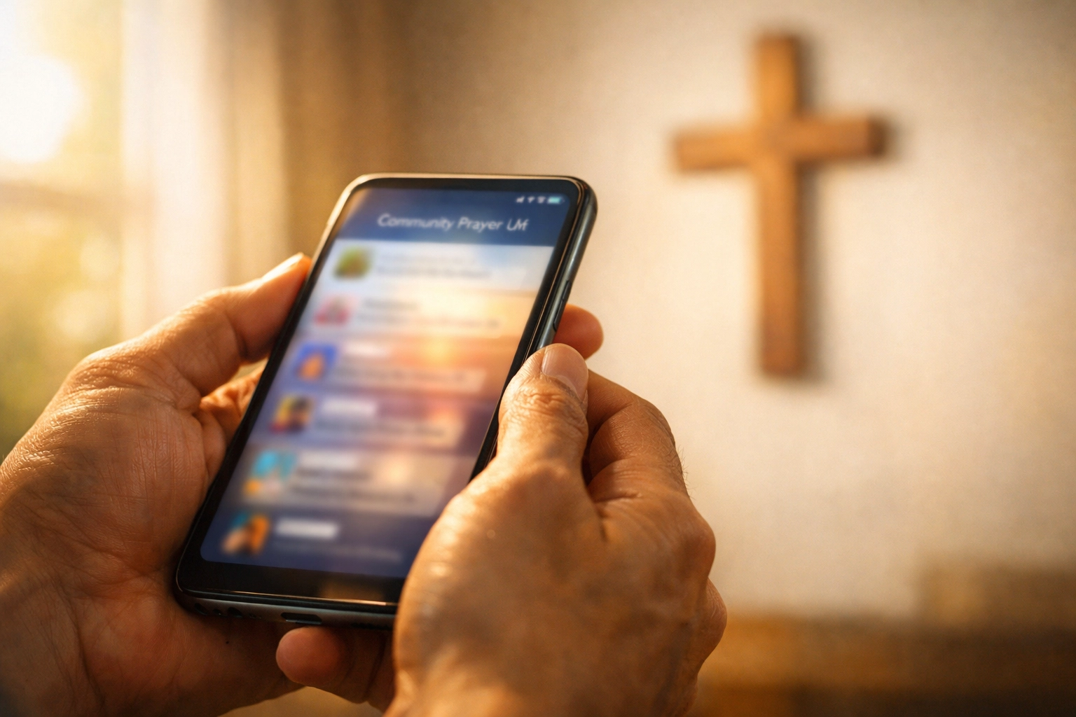 Close-up of hands using a mobile prayer app to support a digital church community.