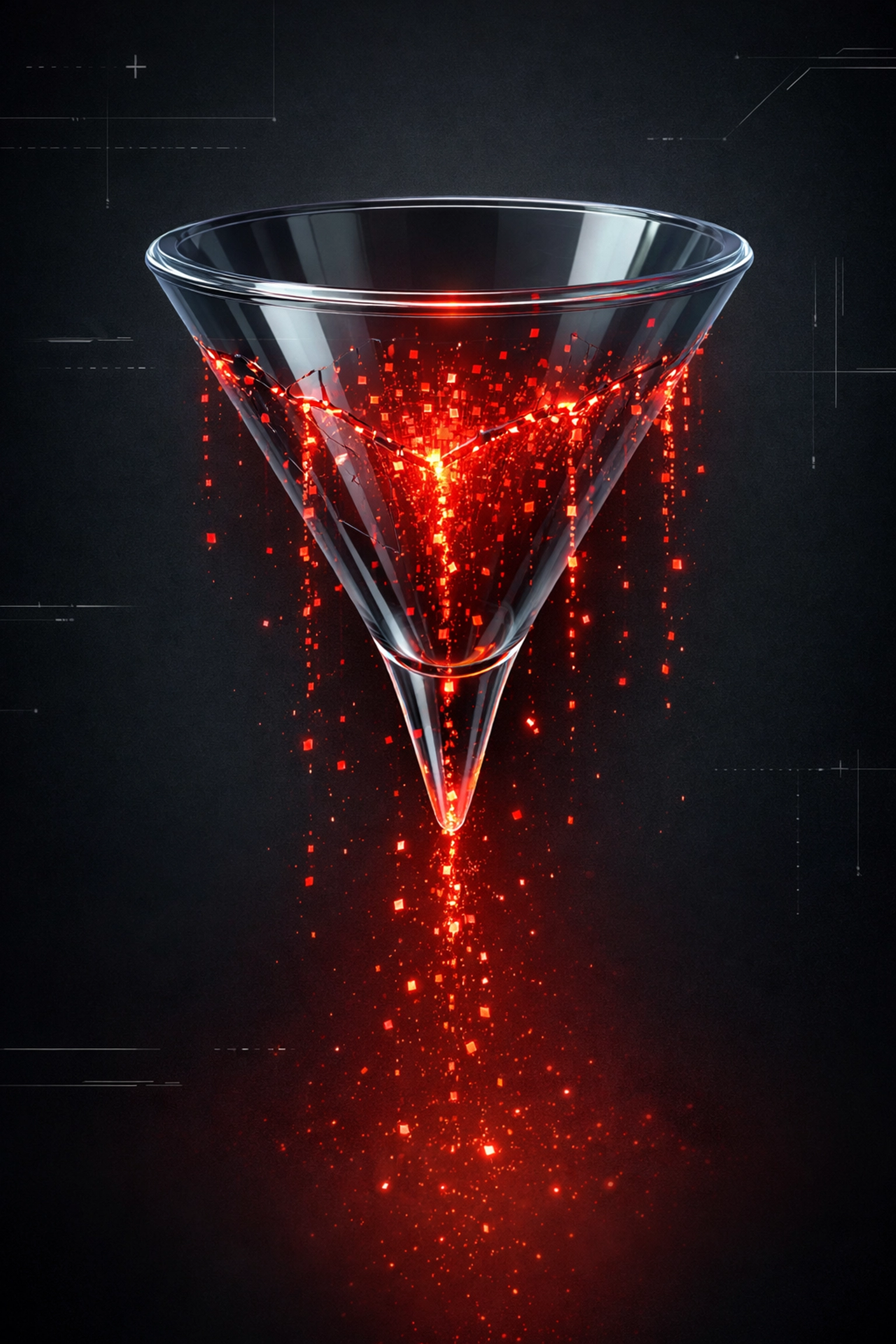 A glowing digital funnel leaking data particles, symbolizing lost revenue in traditional marketing.