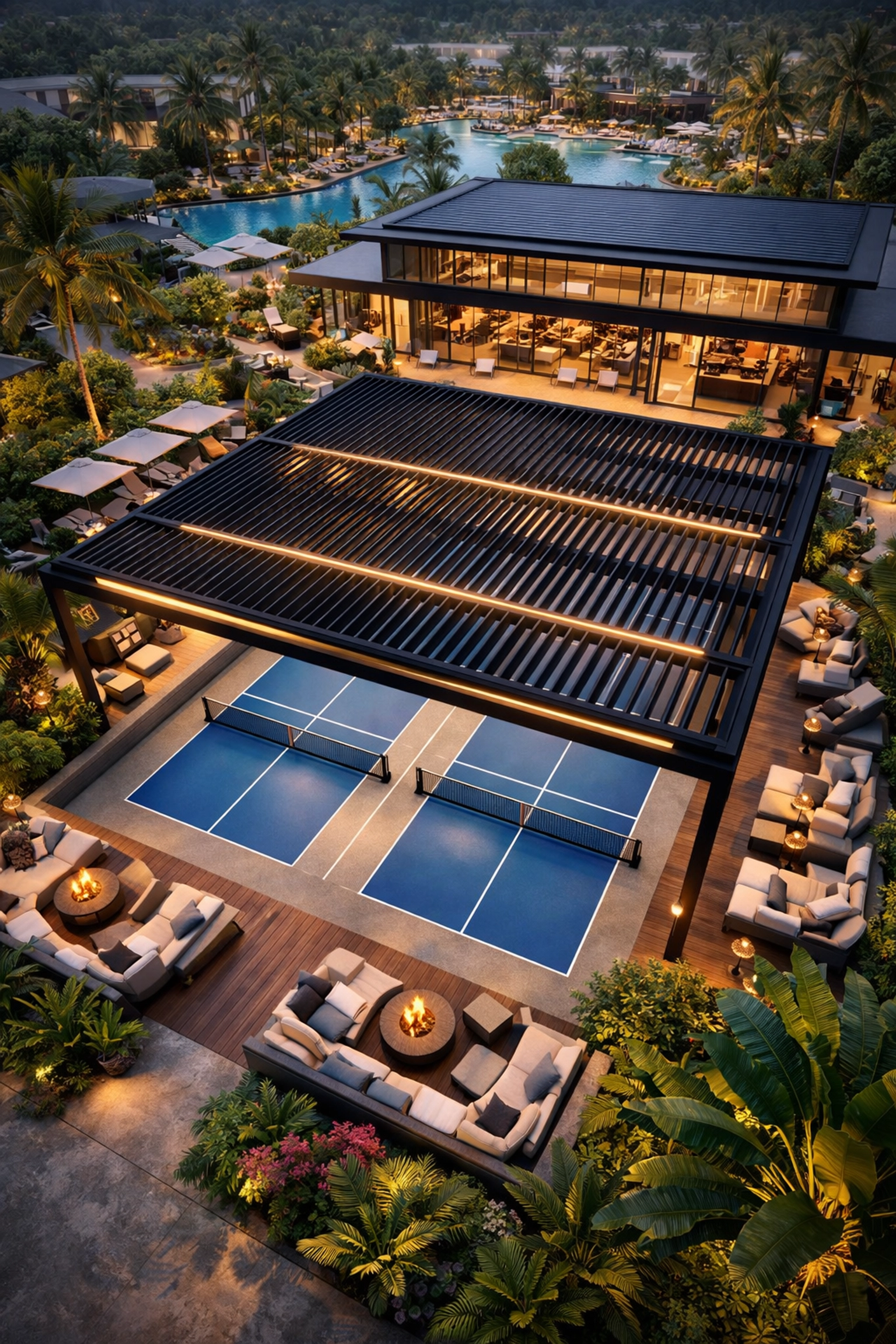 Luxury resort pickleball courts covered by a modern black louvre system for all-weather play.