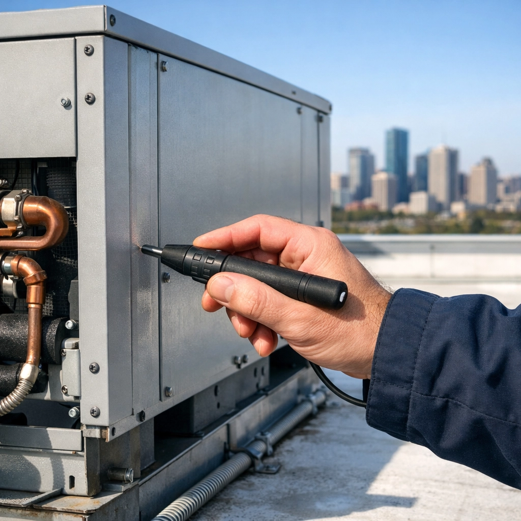 Professional inspection of a commercial rooftop HVAC unit on a flat roof in Edmonton.
