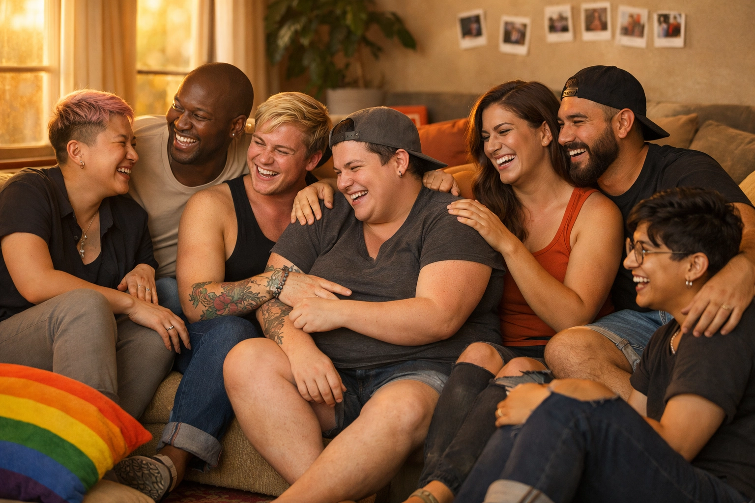 LGBTQ+ chosen family gathering, diverse queer friends supporting drag performers in home setting