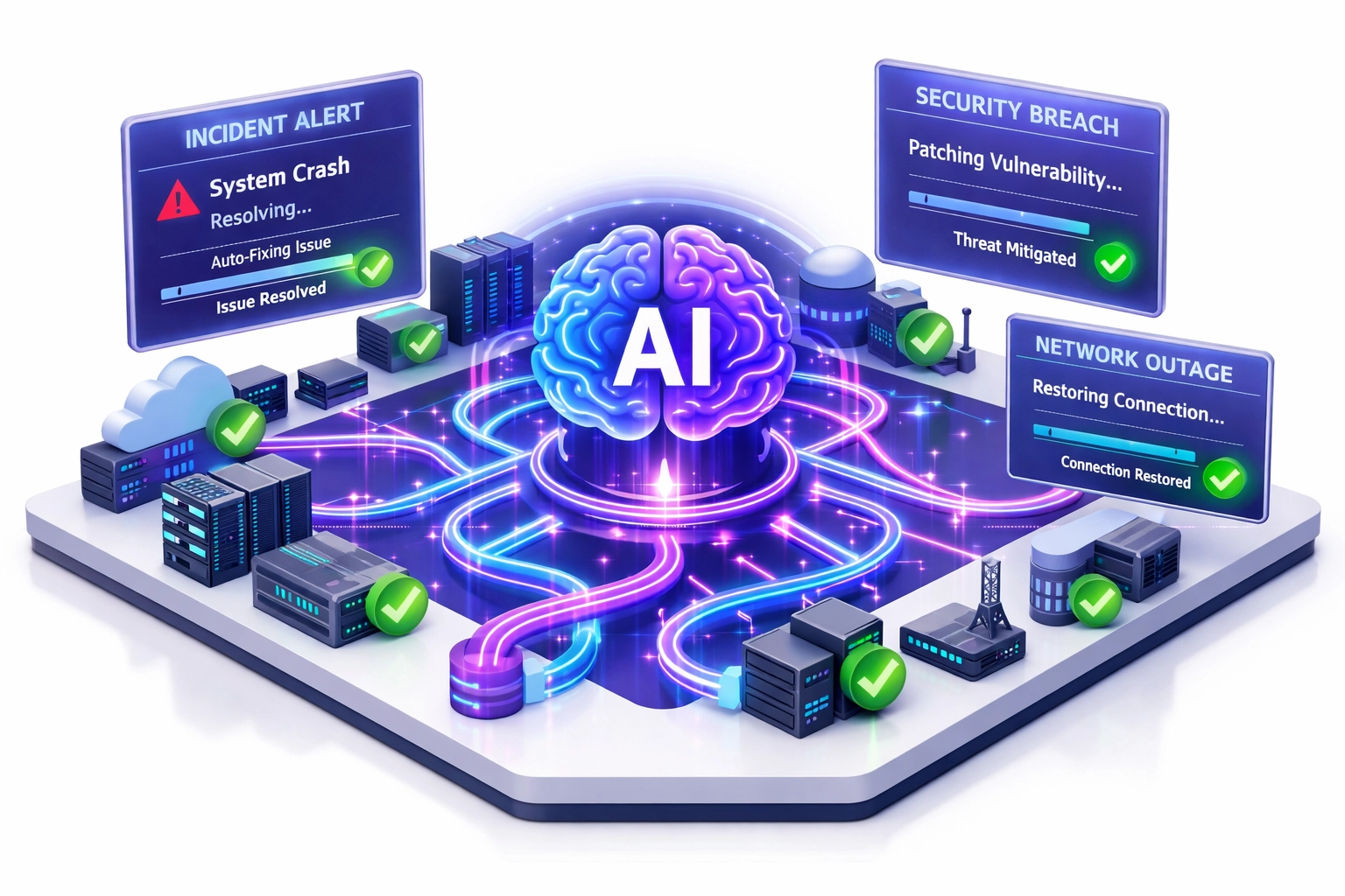 AI-powered ServiceNow AIOps dashboard showing automated incident remediation and self-healing workflows