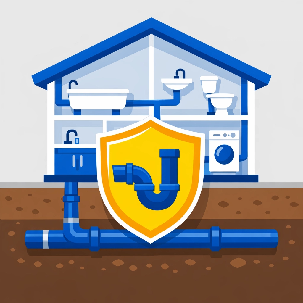 Illustration of a protected home plumbing system preventing sewage backup and water damage in Bucks County.