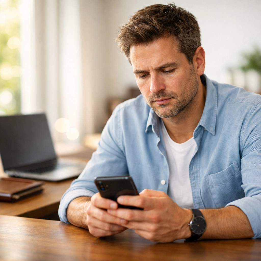 Entrepreneur reviewing content strategy on a smartphone in a modern home office.
