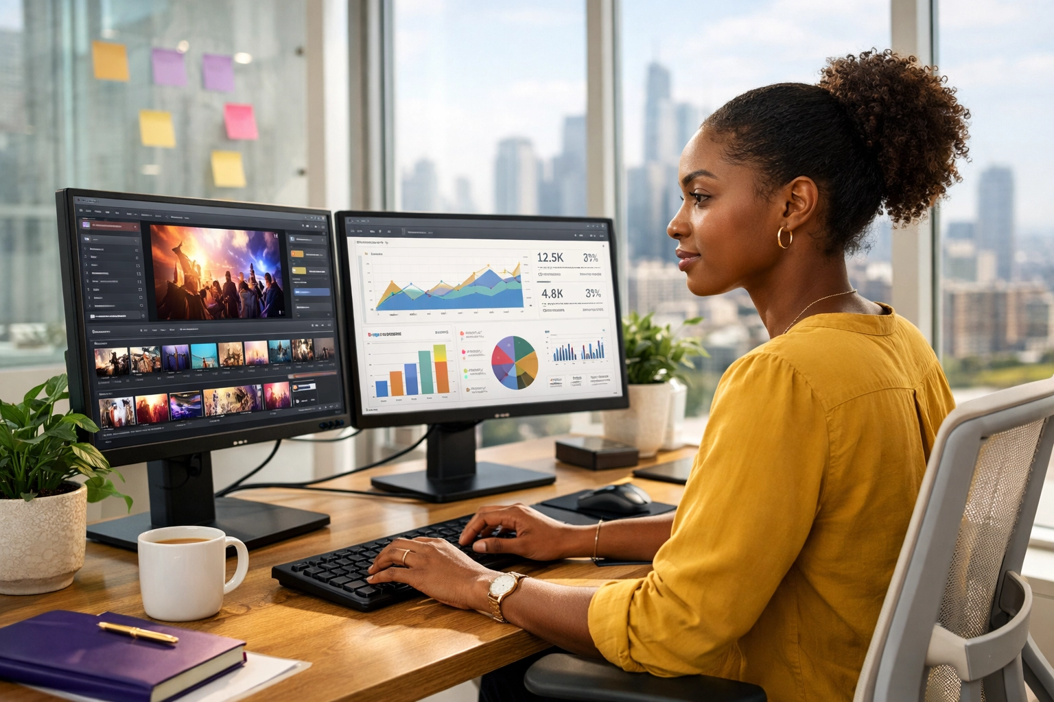 Black female founder working at digital media company with city skyline view