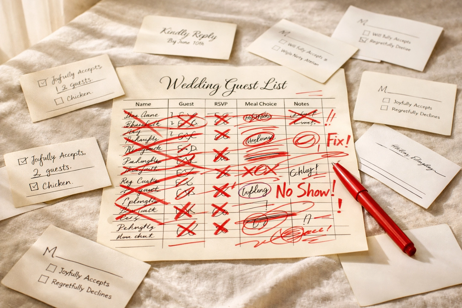 Traditional paper RSVP cards and marked-up wedding guest list showing disorganized tracking system