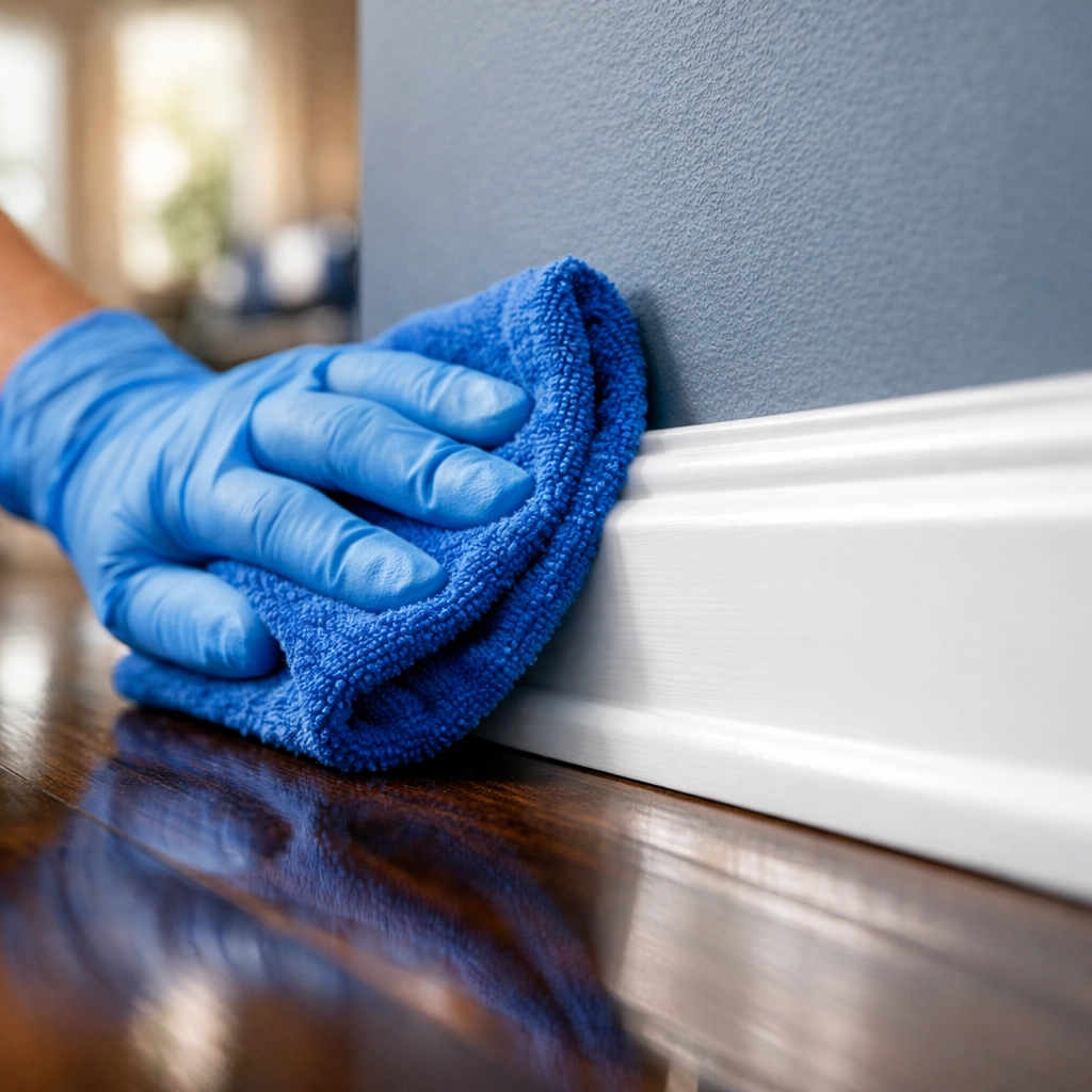 Detailed cleaning of white baseboards and hardwood floors for a Boston apartment move-out.