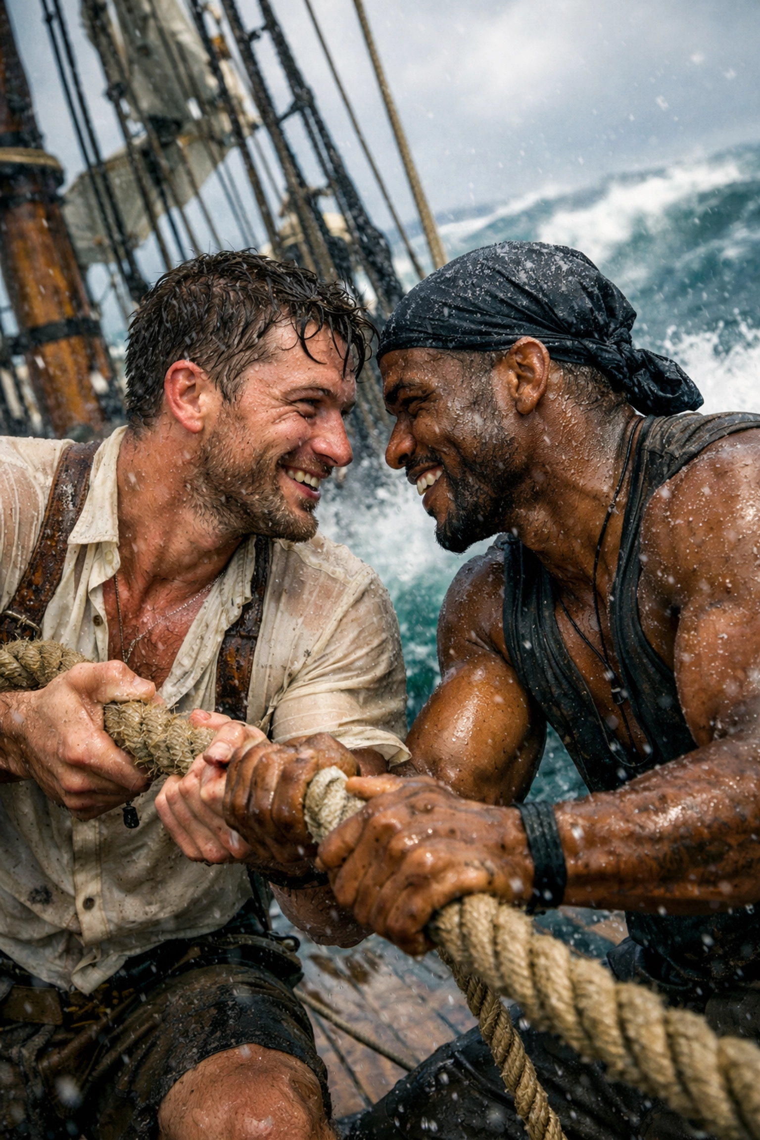 Male crew members gripping ropes on a tall ship deck, capturing the intense trust found in MM contemporary fiction.