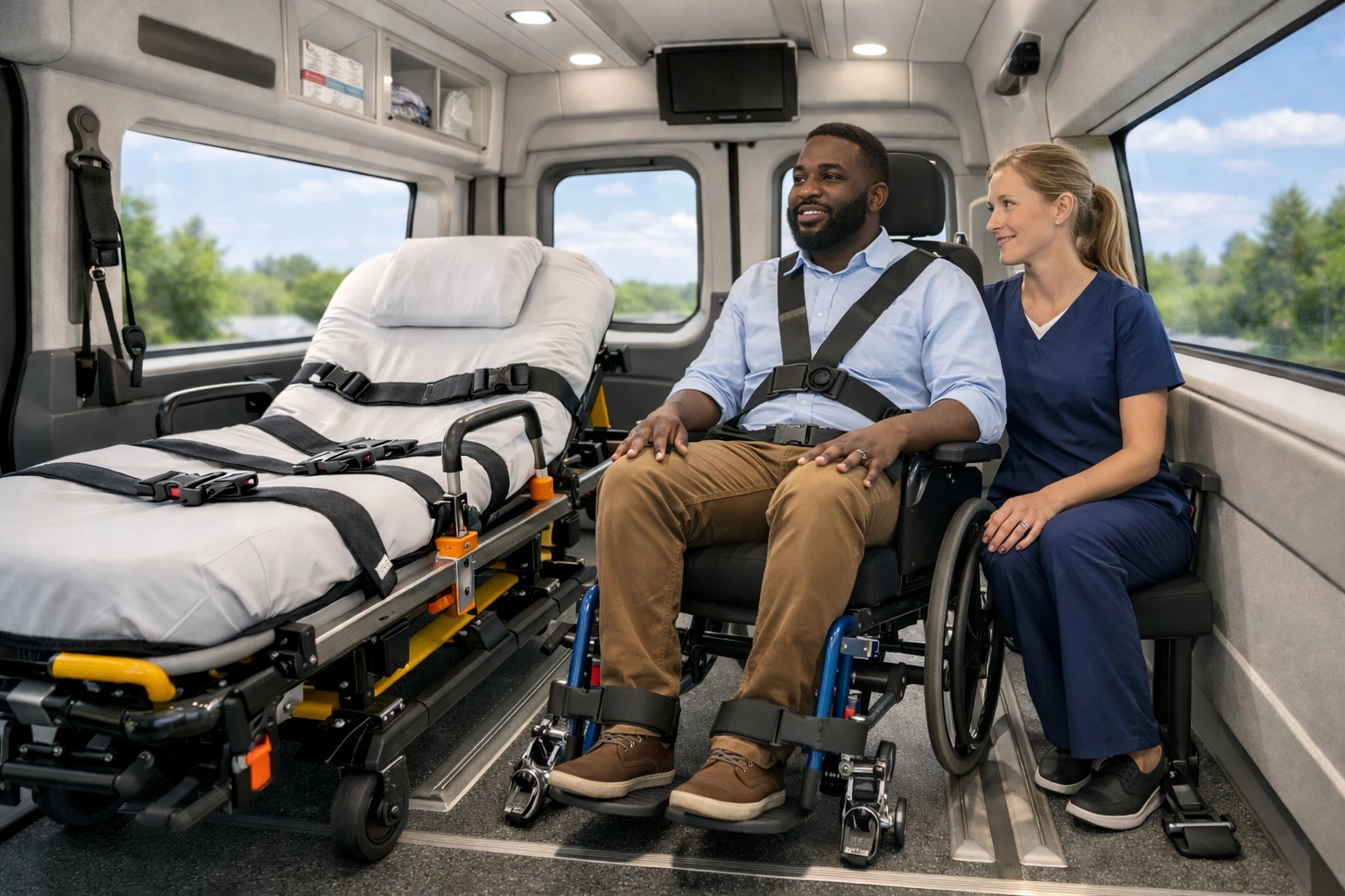 Interior of a non emergency medical transportation vehicle with secure stretcher and wheelchair equipment.