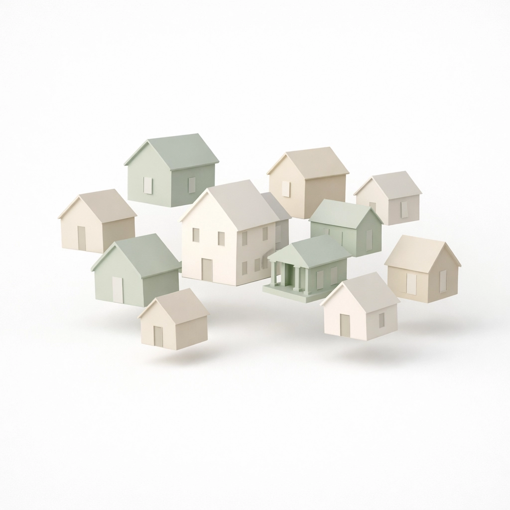 Diverse house silhouettes representing many Spokane homes for sale during the spring market inventory surge.