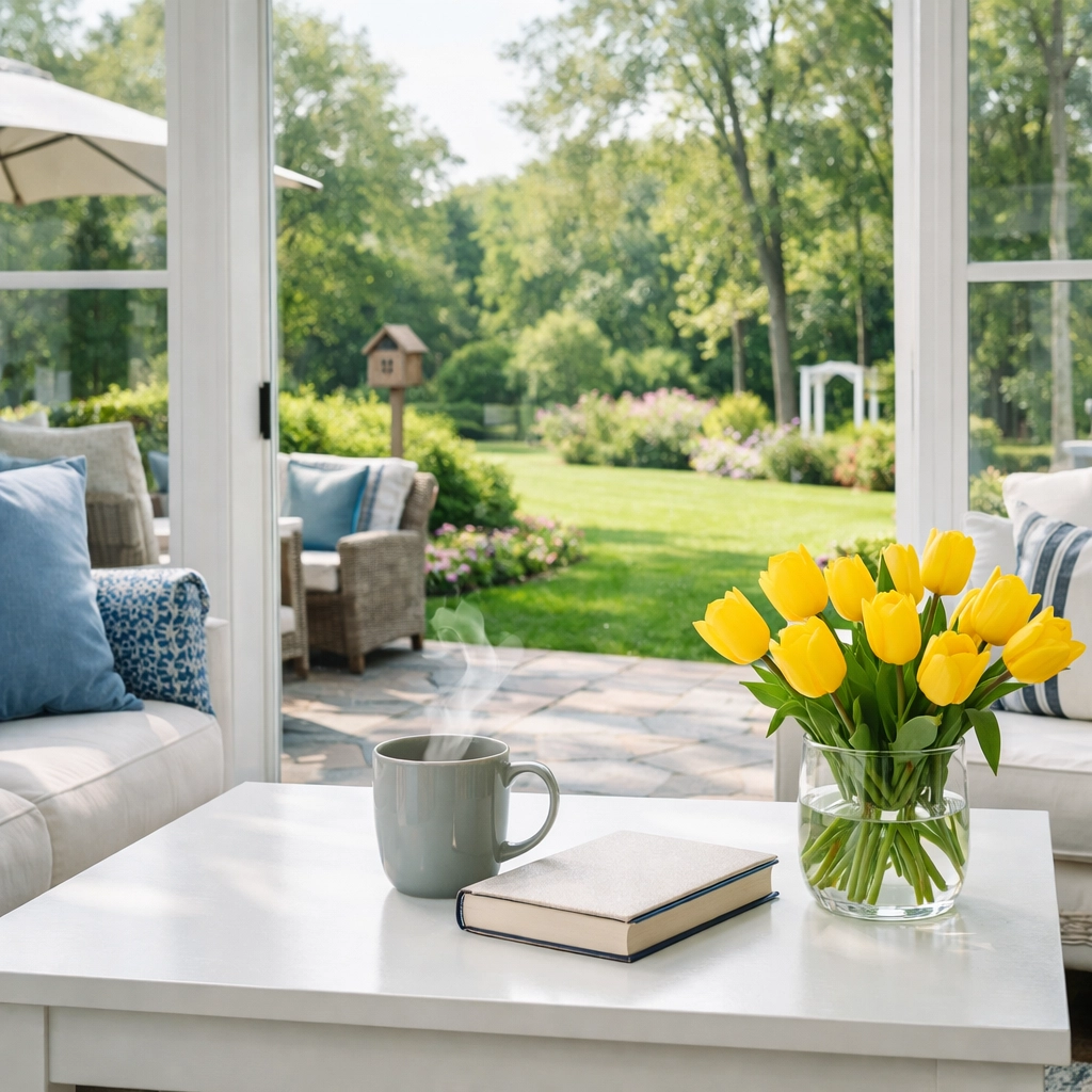 Clean Winchester home sunroom with a coffee table and view of a lush green backyard.