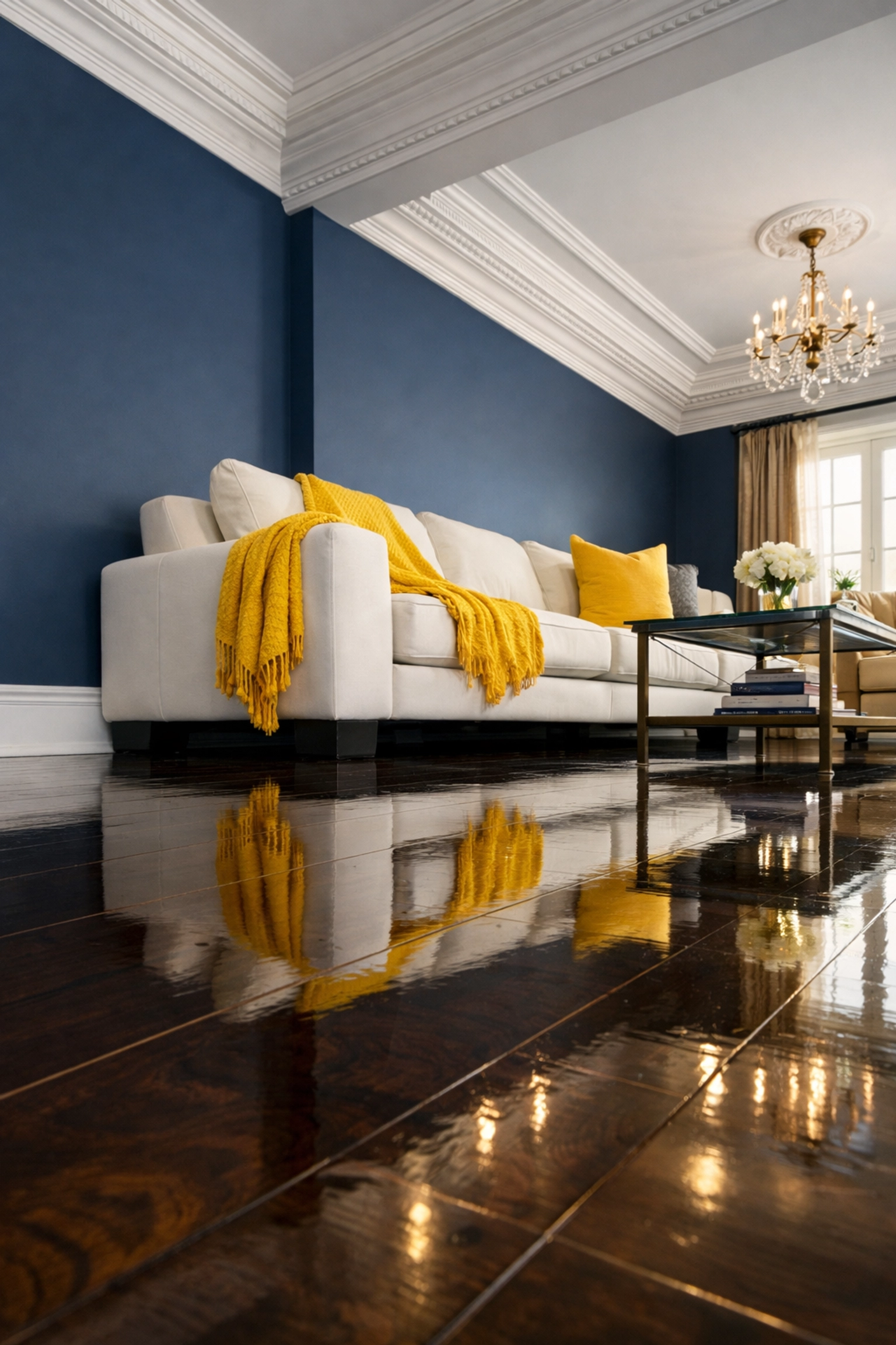 Deeply cleaned luxury living room in Arlington featuring polished hardwood floors and spotless white baseboards.