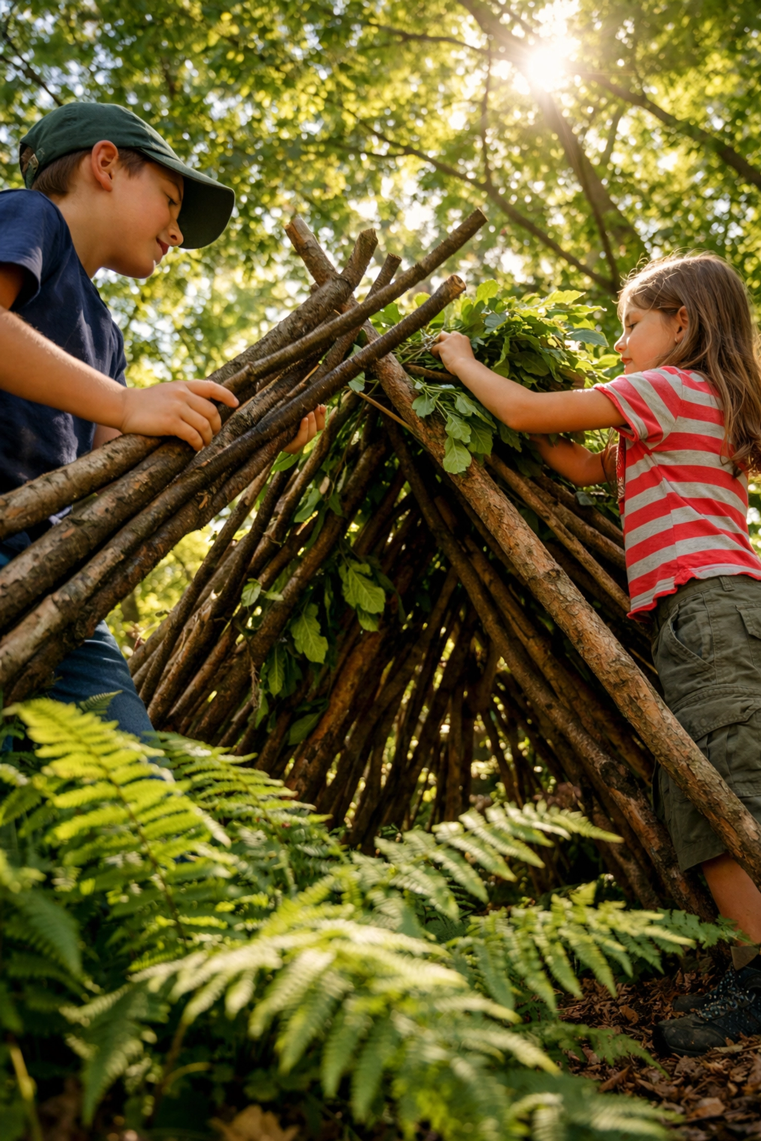 Children building lean-to shelter in UK woodland using branches and natural materials