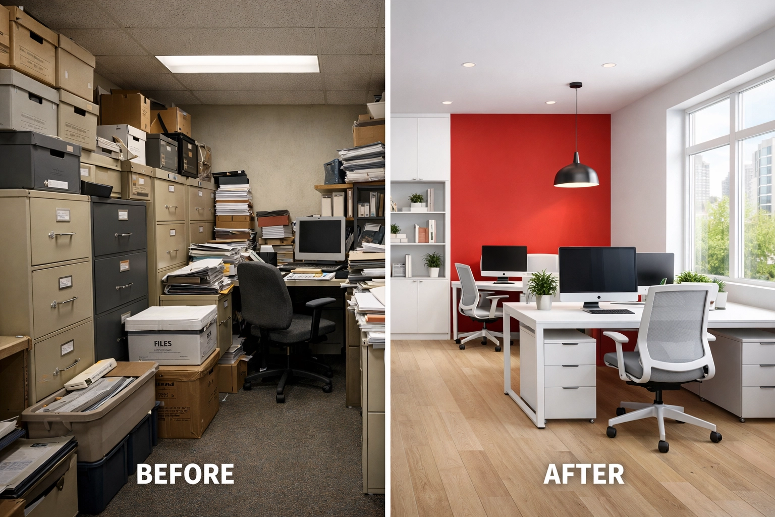 Business office transformation showing freed space after moving to Hertford storage