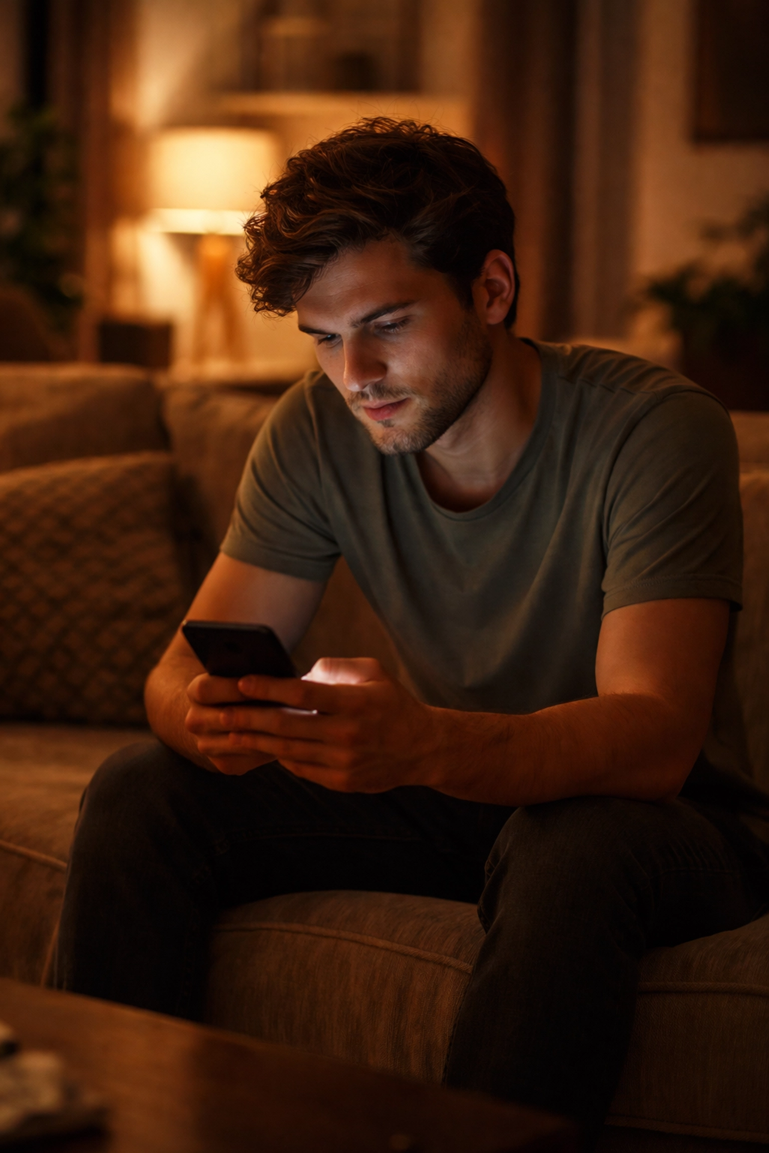 Fiatal férfi ül magányosan a kanapén, mobilját nézi, a pornó okozta erekciós zavar tüneteit gondolja át.