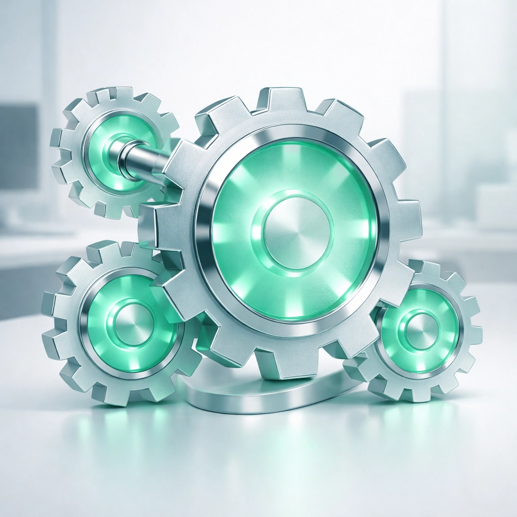 Interlocking gears representing an autonomous agent engine for strategic business process automation.