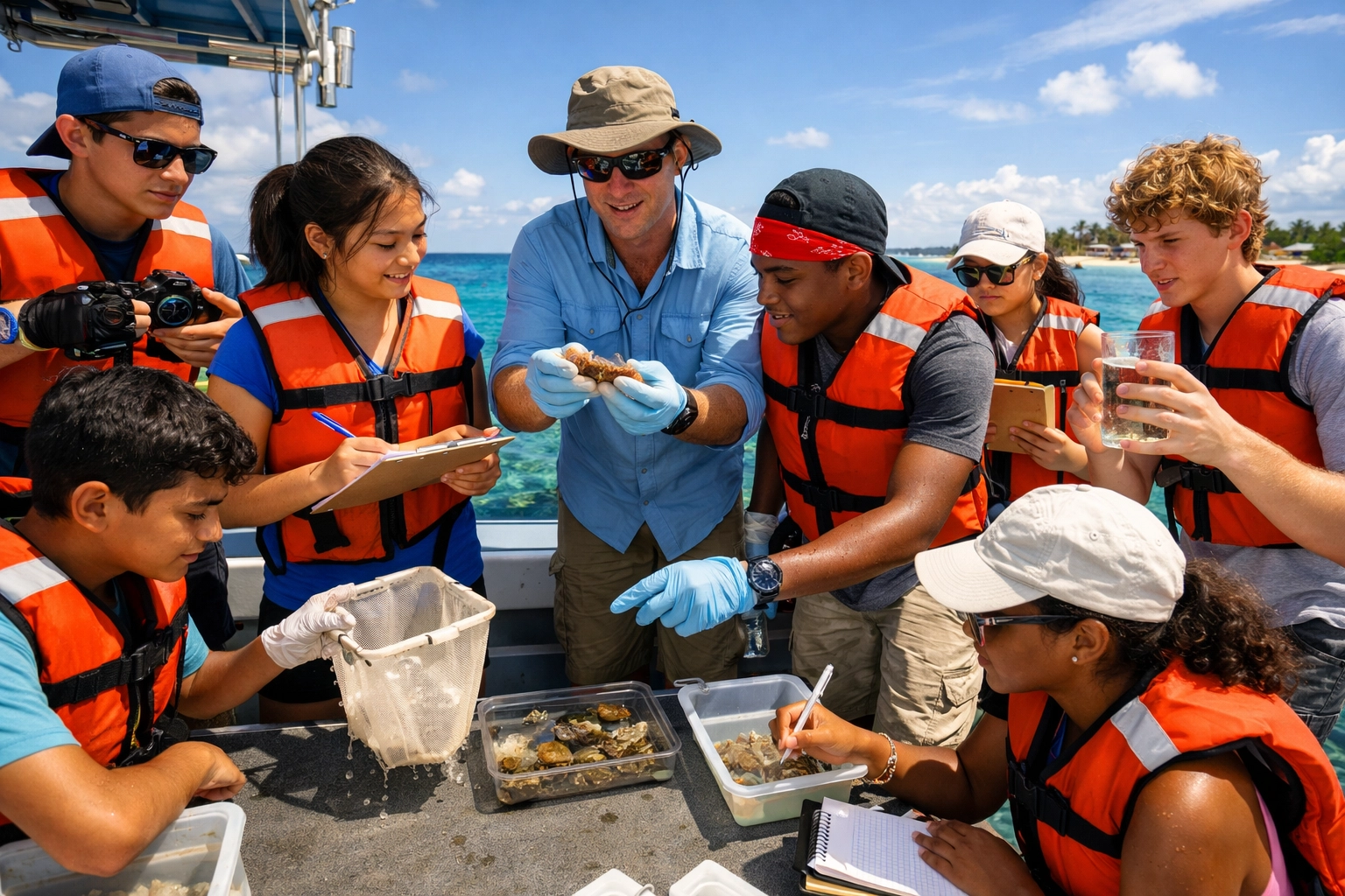 Student group conducting marine field research with instructor on boat in Cayman Islands waters