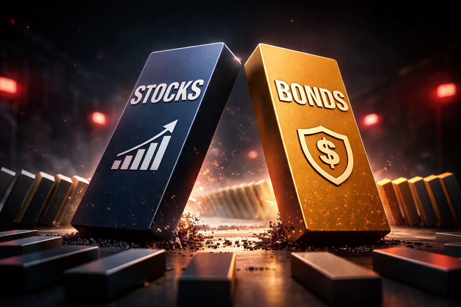 Illustration of falling stock and bond dominos symbolizing failed diversification in traditional 60/40 investment portfolios