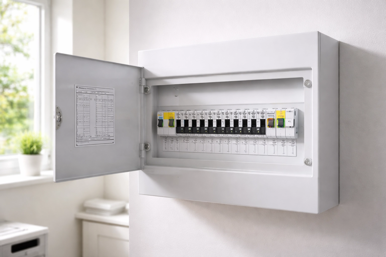 Modern consumer unit with circuit breakers and RCDs in a bright Rugby home utility room