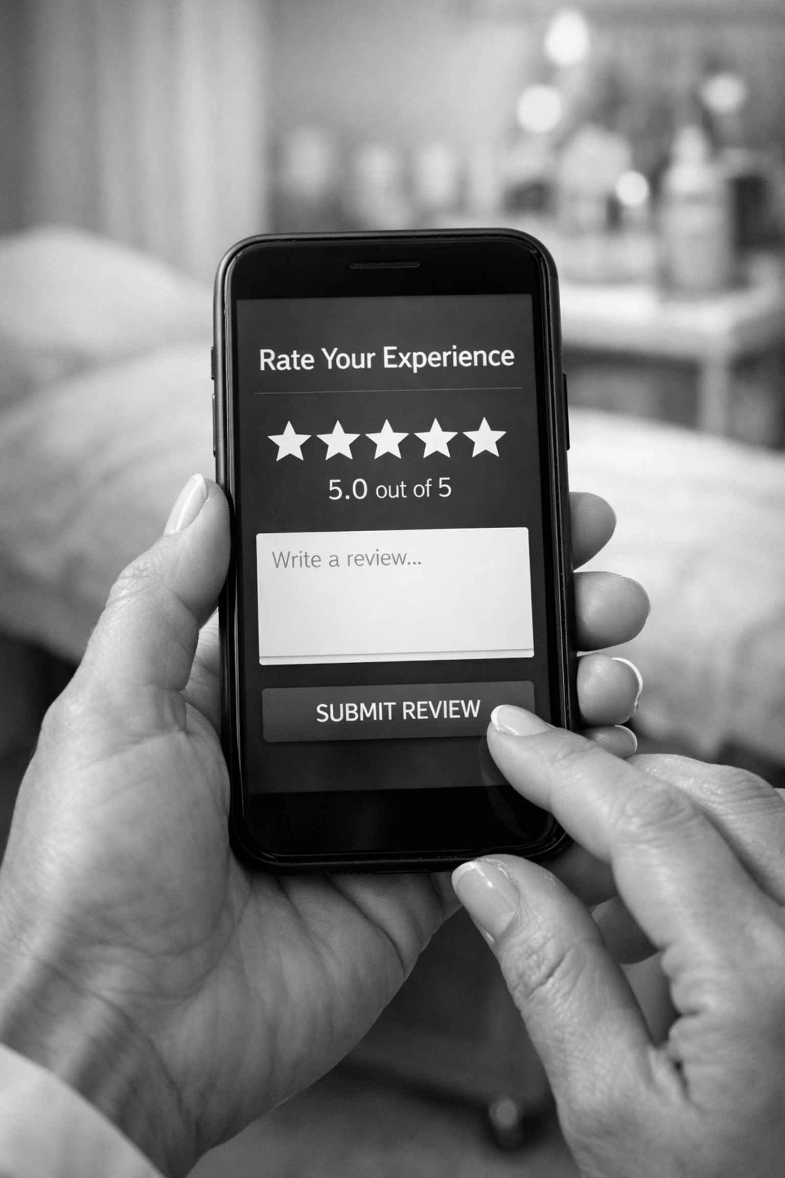 Five-star review display on smartphone for med spa reputation management