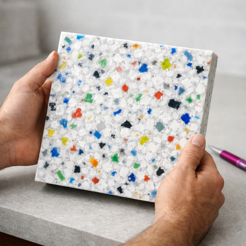 Hands holding a durable, Australian-made recycled plastic panel in a local sustainable manufacturing facility.