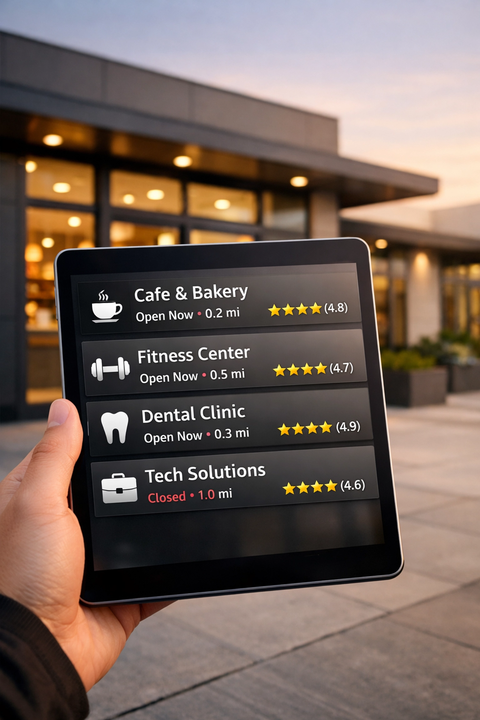 Local business directory listings and five-star reviews displayed on tablet device