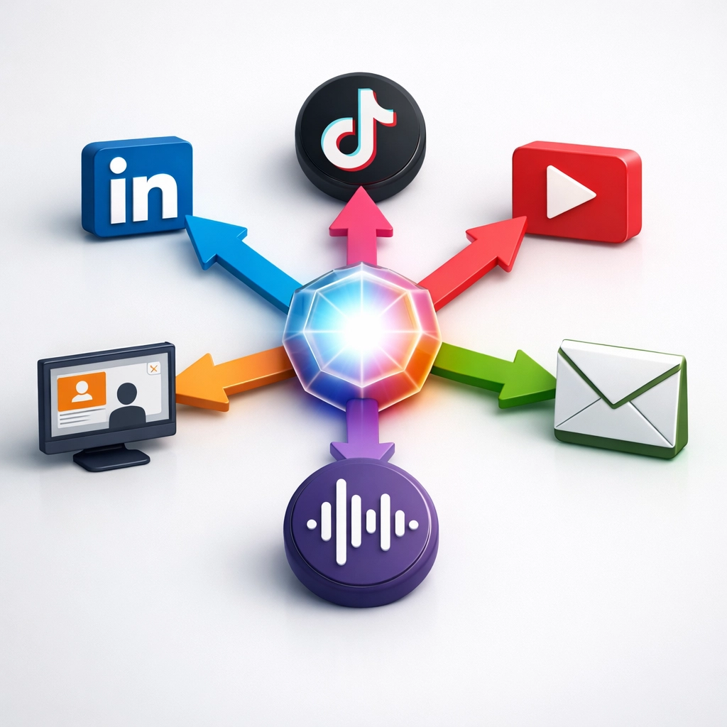 Schéma recyclage contenu multicanal : distribution stratégique vers LinkedIn, TikTok, YouTube et newsletter