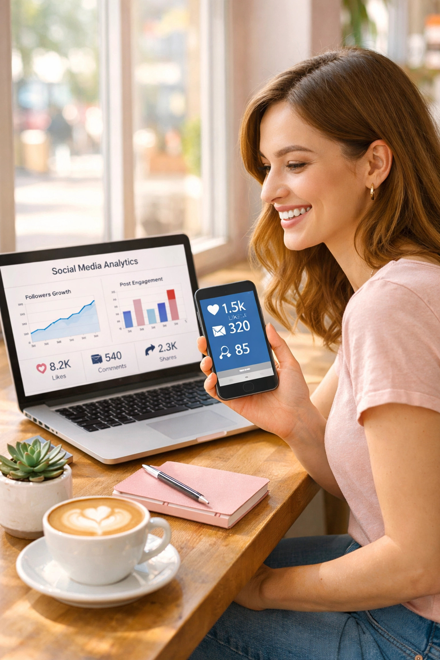 Social media manager reviewing engagement metrics and analytics on laptop and smartphone
