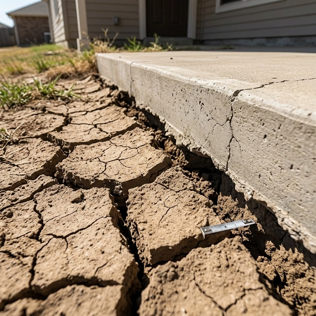 Dry cracked soil pulling away from foundation