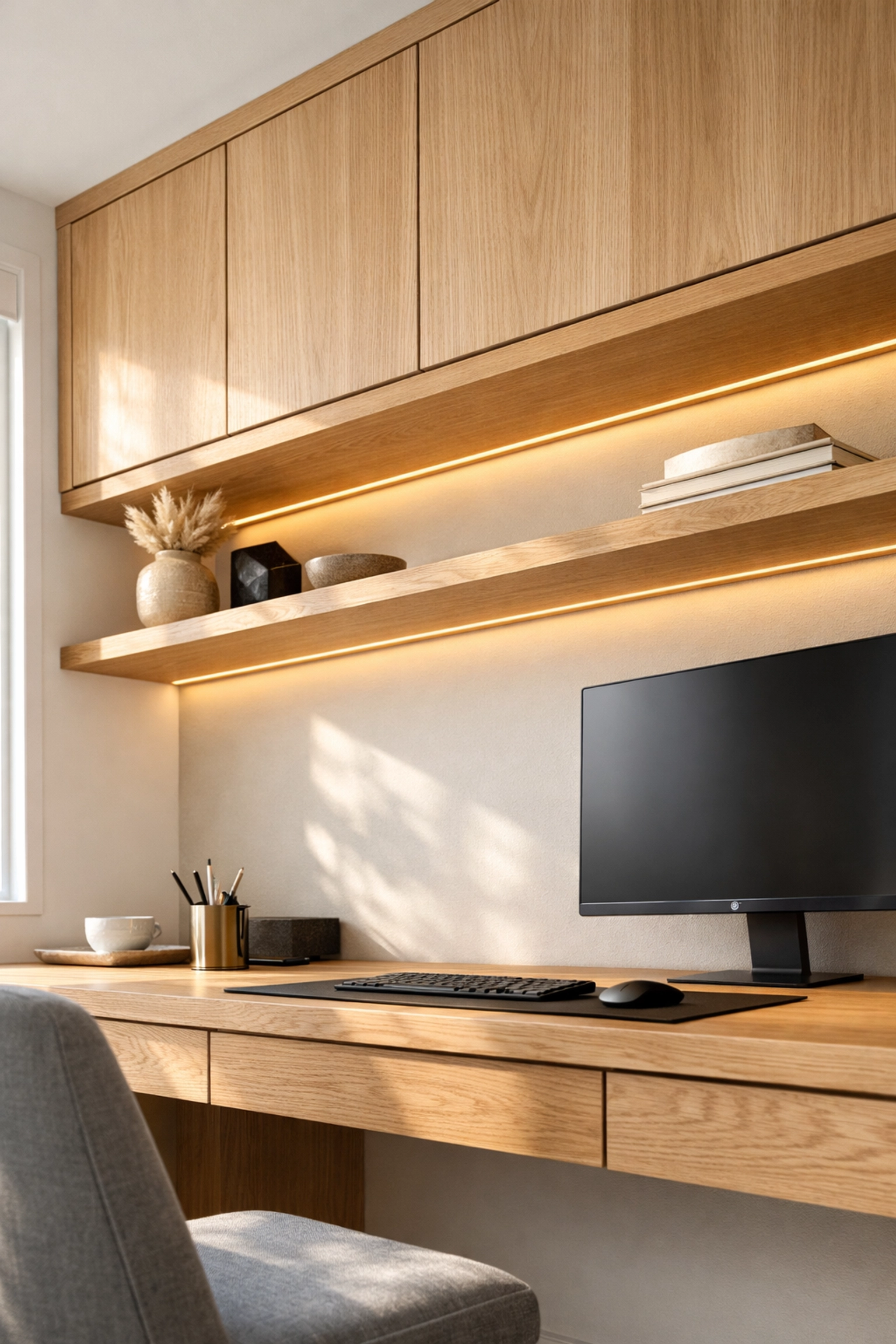 Floating white oak home office cabinets with warm LED shelf lighting and a clean built-in desk