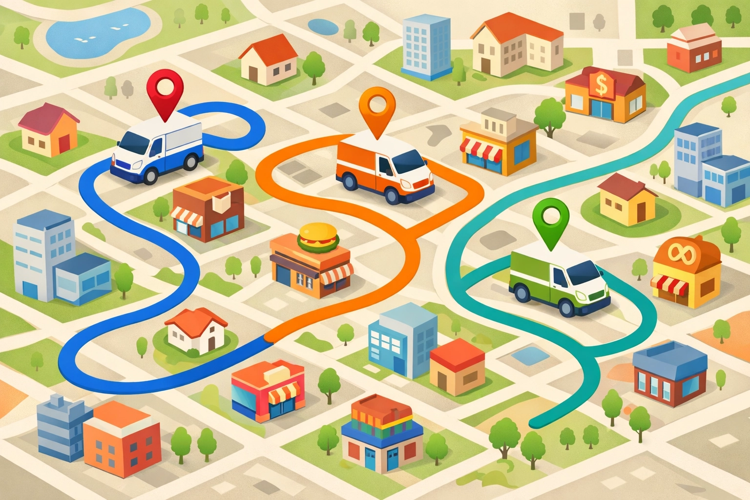 GPS route optimization map showing field service technician locations and efficient routing