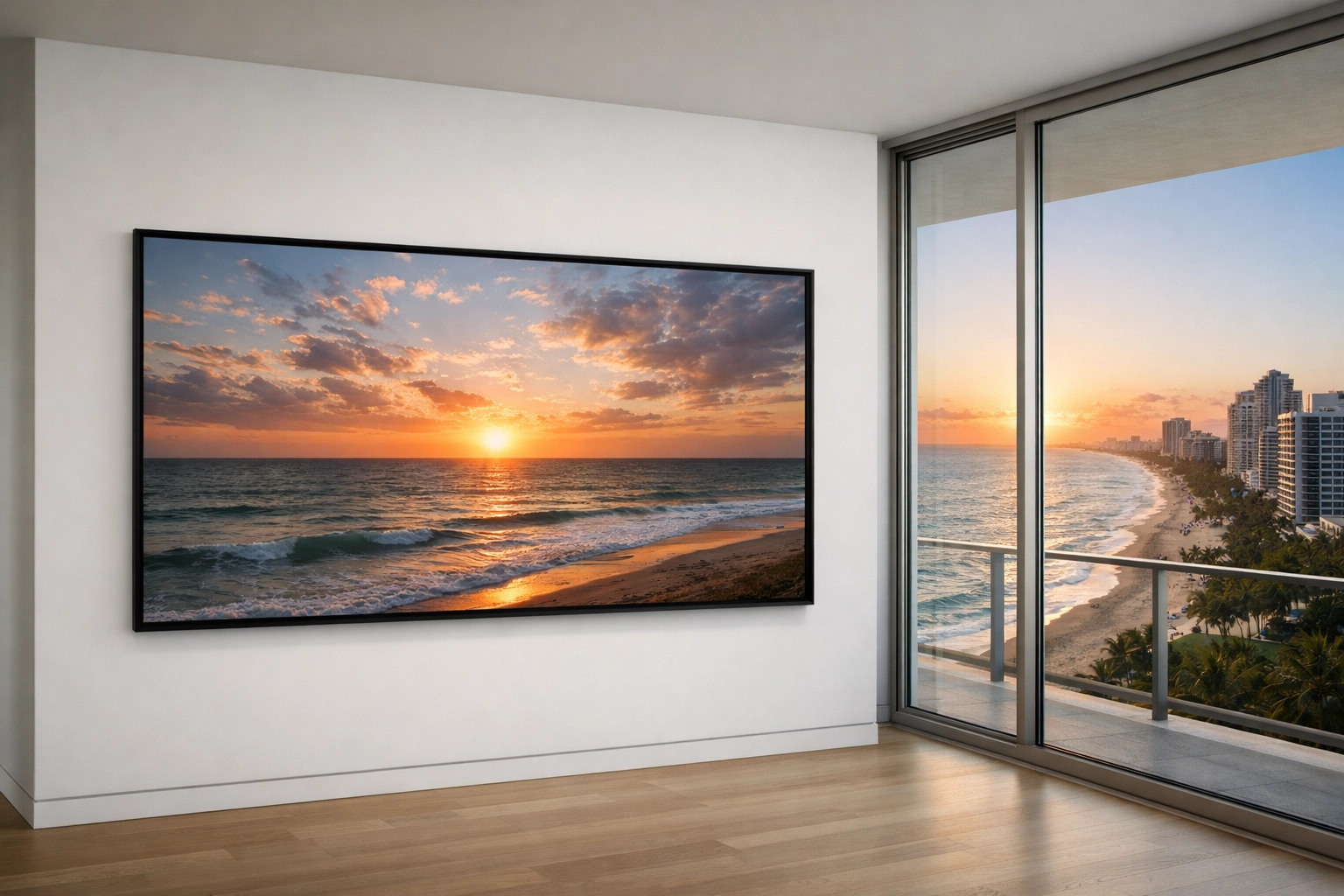 Large museum quality prints of a sunrise landscape on a gallery wall in a luxury penthouse.