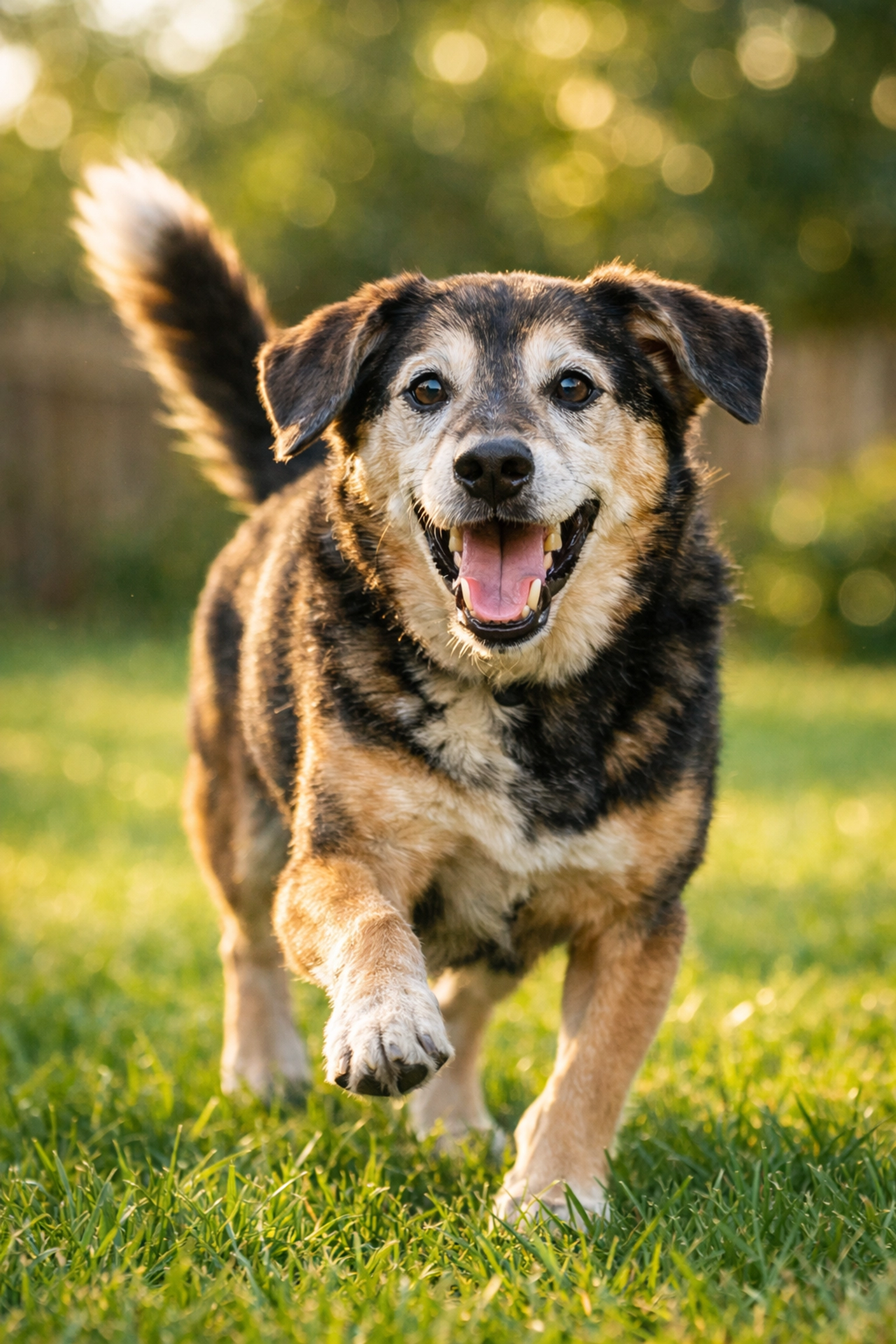Happy senior rescue dog playing outdoors, showing energy and joy despite graying fur