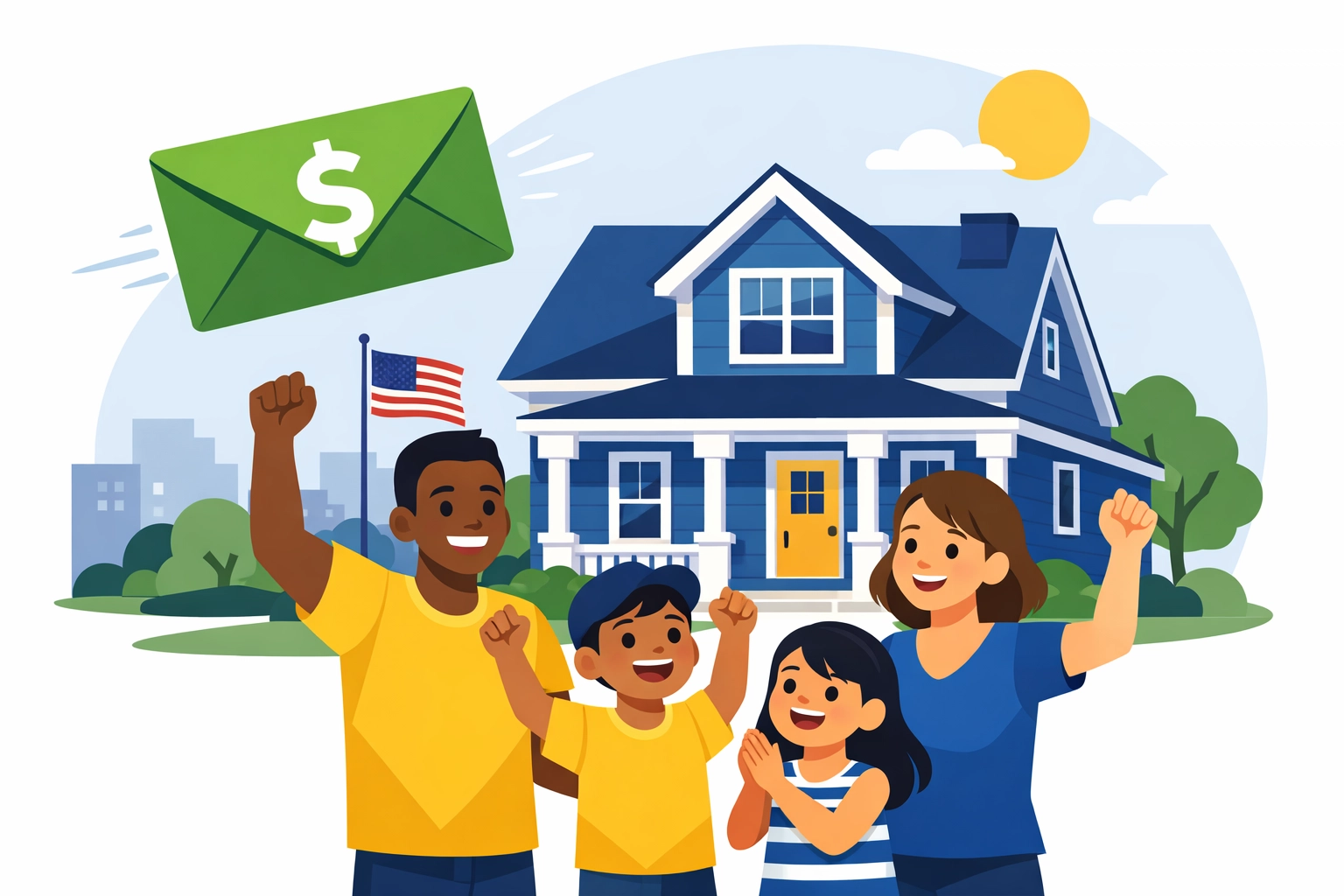 A New Haven family receiving a tax refund envelope representing the Connecticut Earned Income Tax Credit.