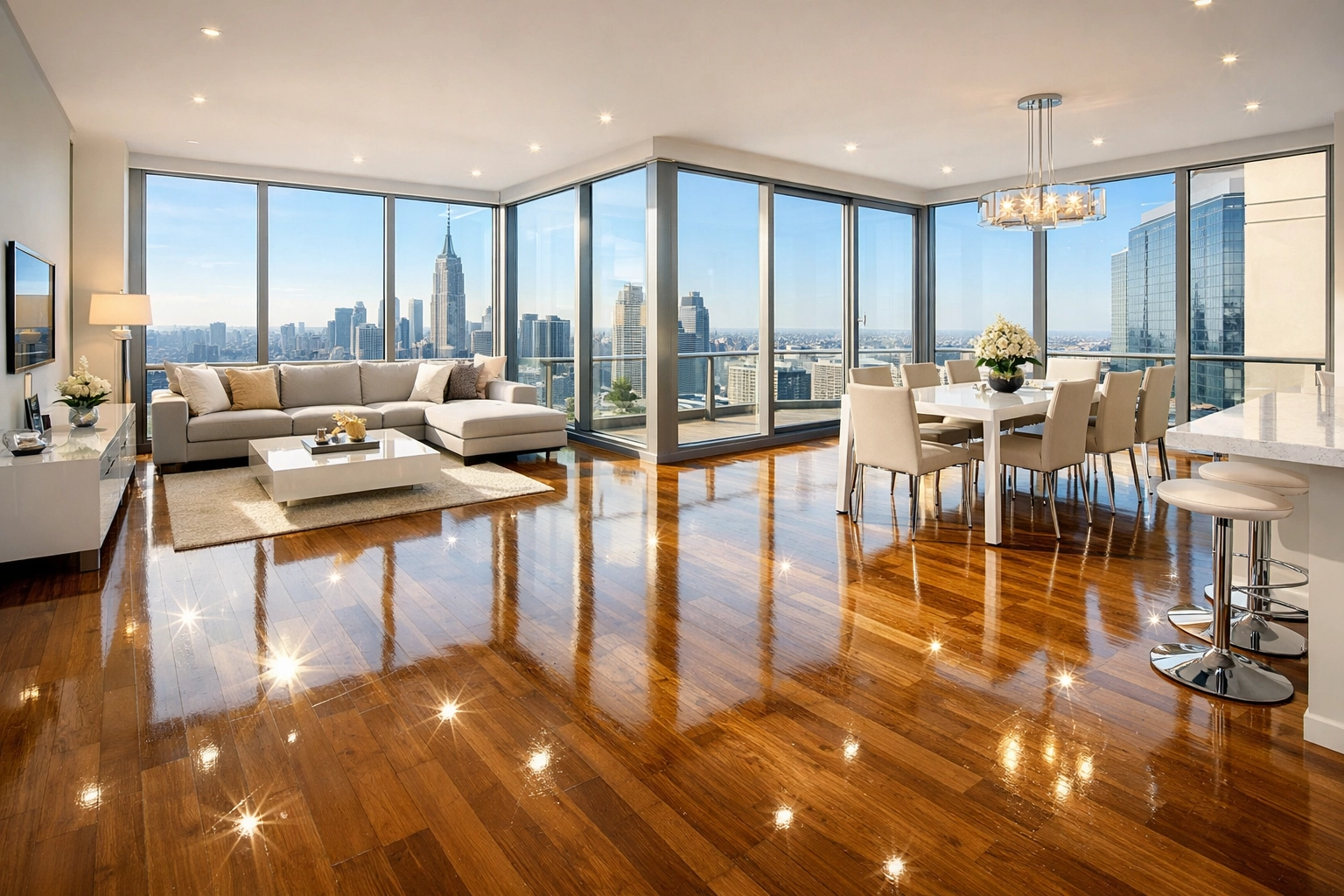 Sun-drenched, professionally cleaned luxury apartment interior ready for new tenants in the Detroit metro.