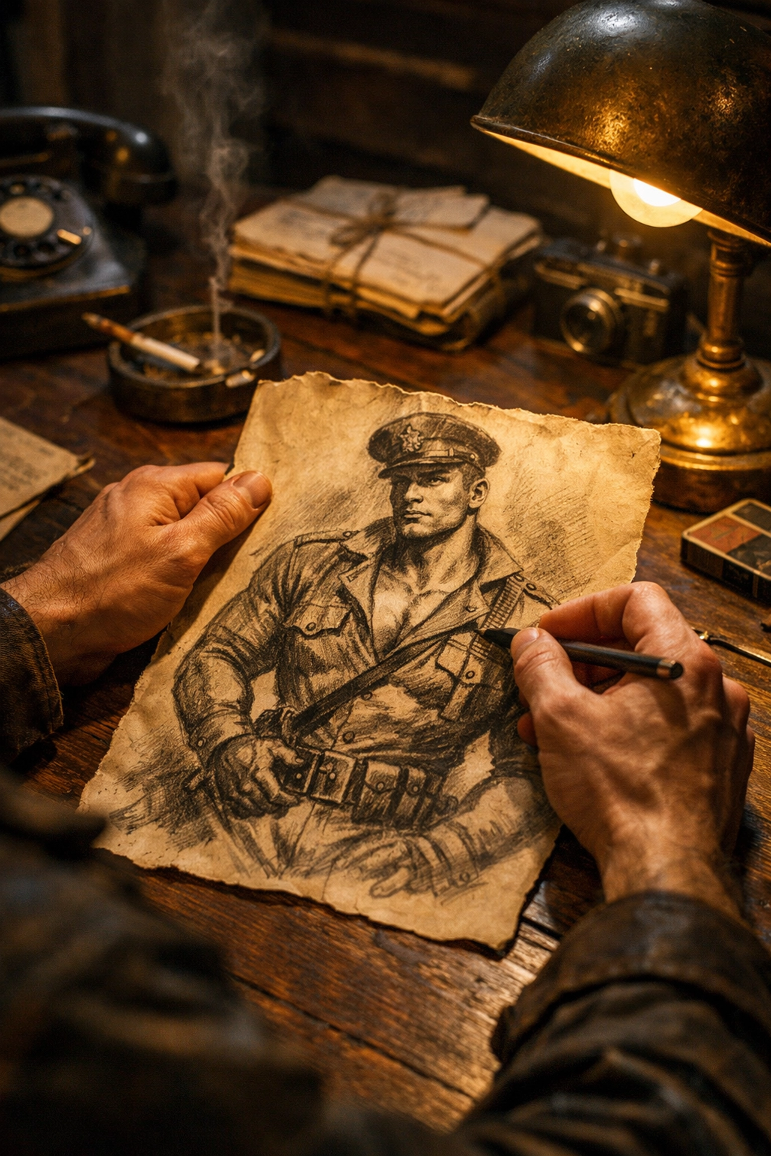 Artist sketching homoerotic military art in a 1940s room, illustrating the origins of Tom of Finland.